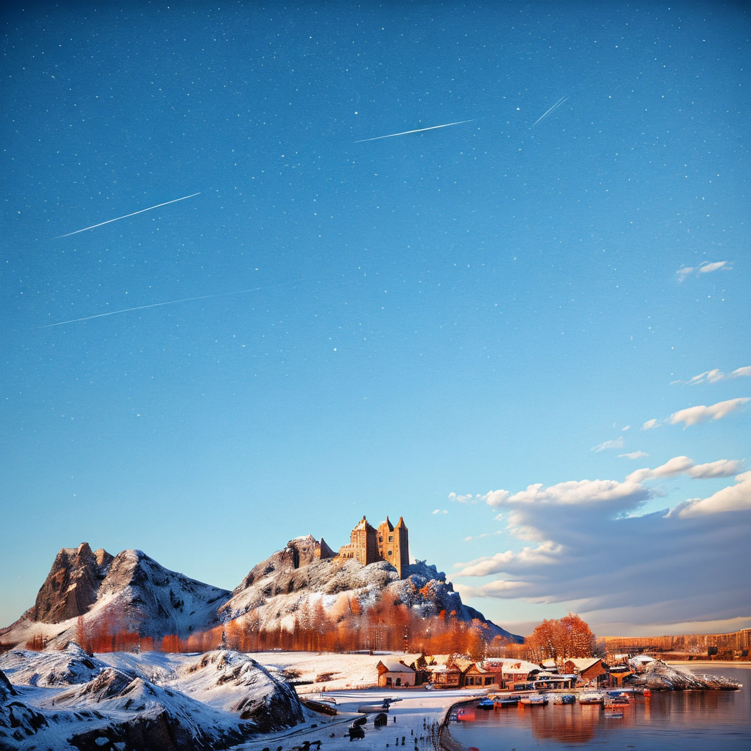 empty sky, (clear sky), cloudless, big autumn landscape, empty foreground, massive landscape, gigantic fantasy landscape, castles, bridge, mountains, forest, highly detailed, details, ocean, photorealistic, 8k, masterpiece, from above,