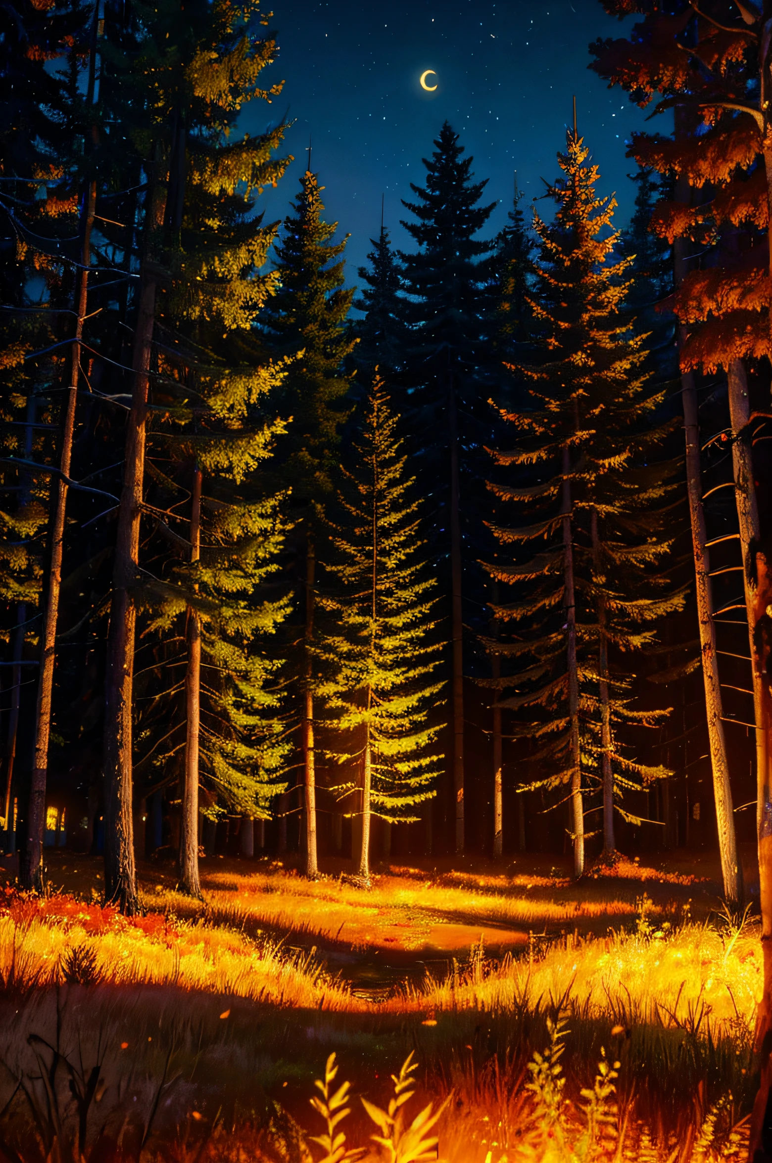 summer and spruce forest, Autumn in the background, Night Landscape, Horror