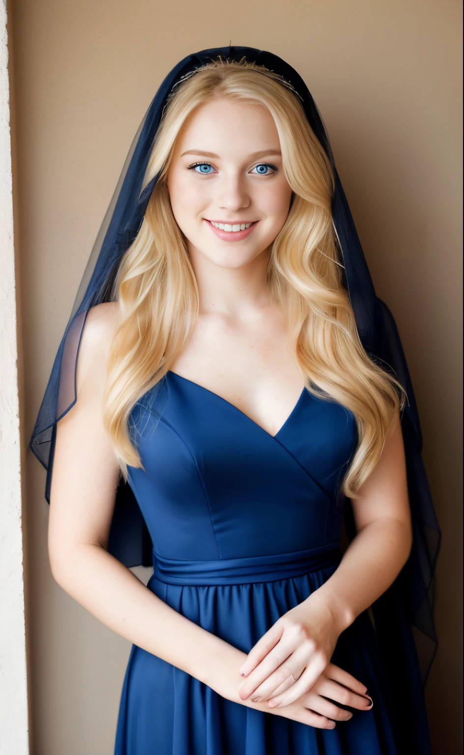 Wide shot portrait of a 23 years old blonde woman wearing a veil, high heels and a long dress, calm smile, blue eyes, freckles.
