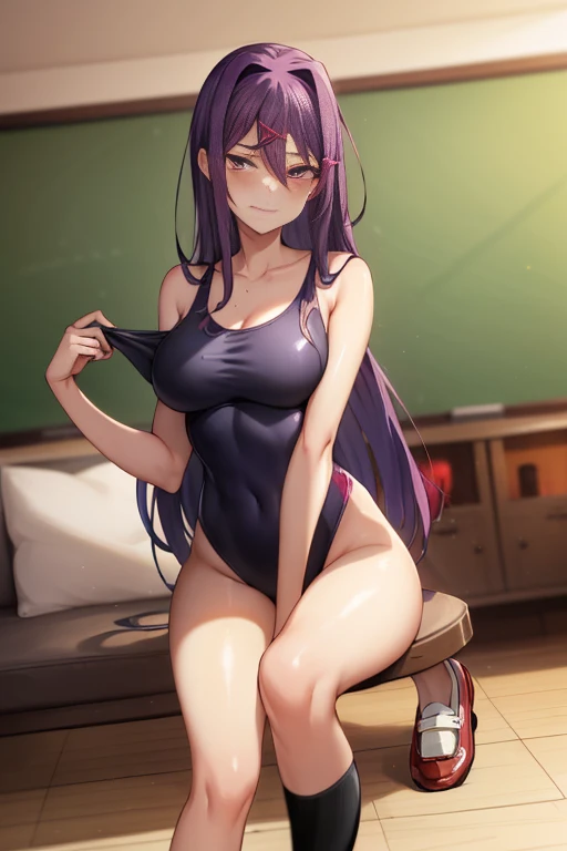 2d, masterpiece, ((squating)), living room, best quality, full body, full pose, anime, highly detailed, cowboy shot, 1girl, solo, yuri, purple hair, purple eyes, long hair, hair between eyes, hairclip, medium breasts, ((one body blue swimsuit)), thights, slim body, slim legs, bare legs, ((smug face)), blushing, red face, ((bare legs)),((black school shoes:1.4)), ((looking at viever)),