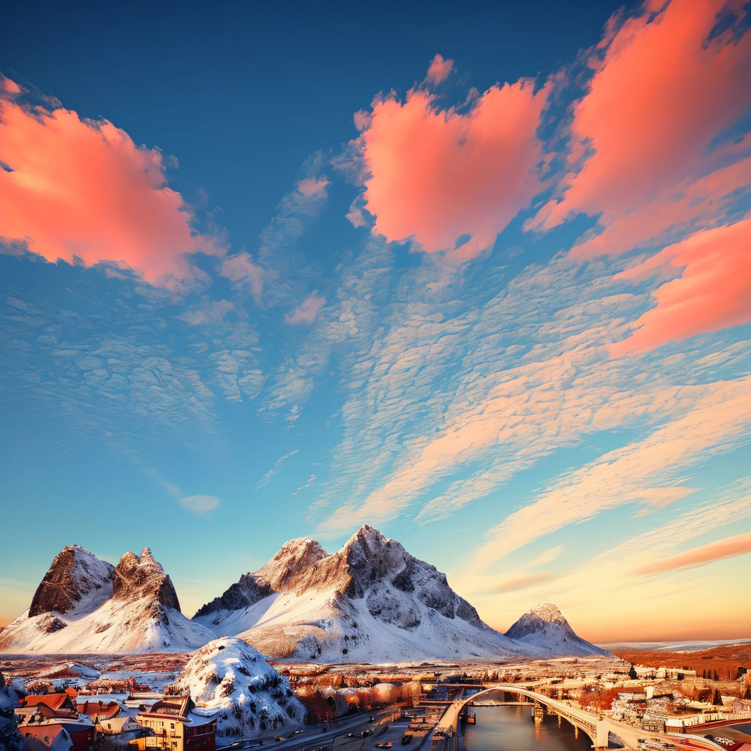 empty sky, (clear sky), cloudless, big autumn landscape, empty foreground, massive landscape, gigantic fantasy landscape, castles, bridge, mountains, forest, highly detailed, details, ocean, photorealistic, 8k, masterpiece, from above,