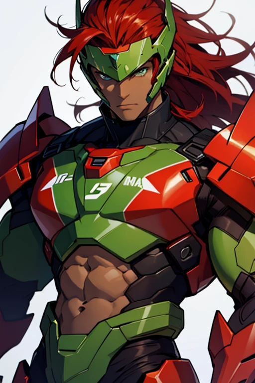 dark skin man, green eyes, red hair, mecha outfit, abs