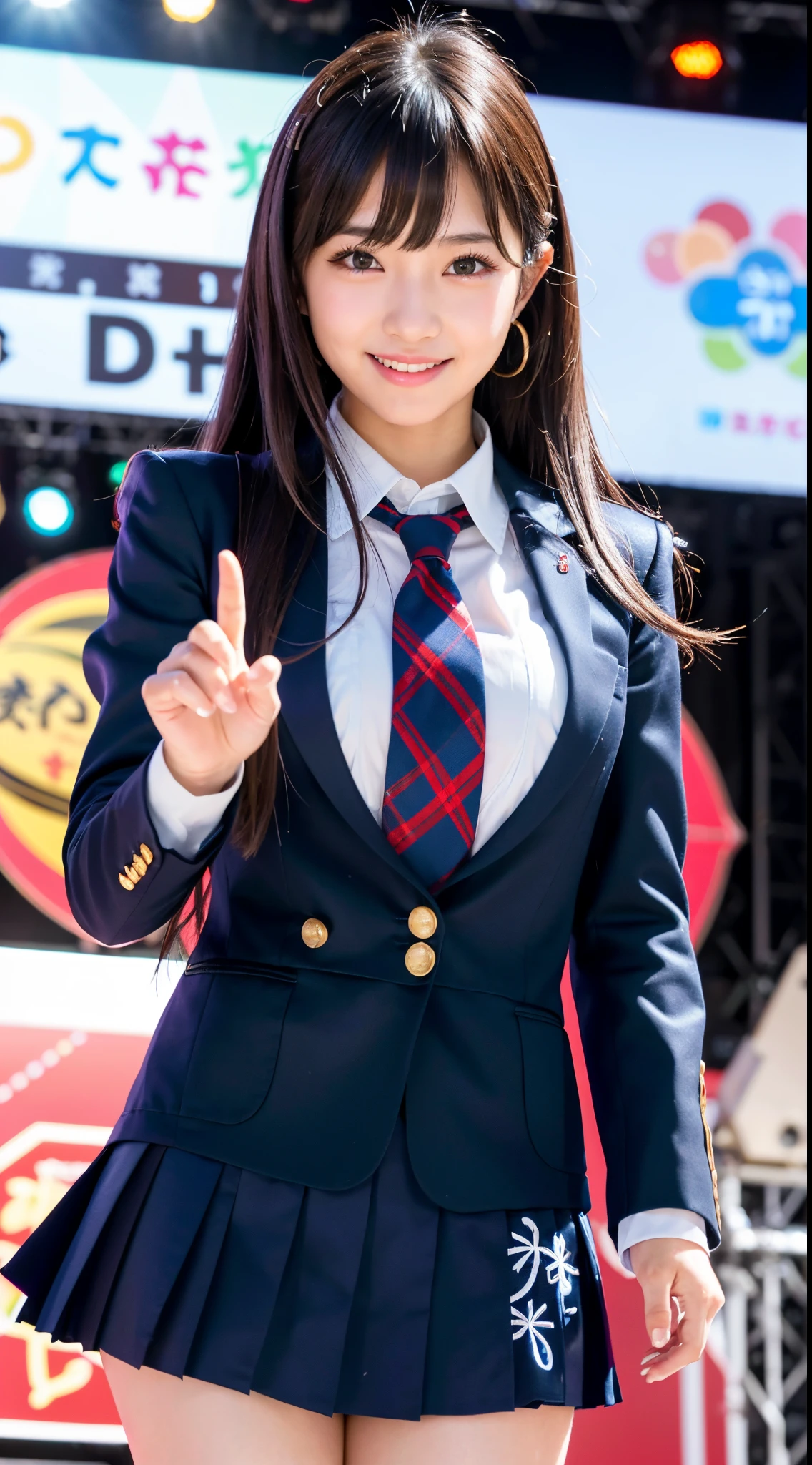 BEST-QUALITY, MASTERPIECE, ULTRA-HIGH-RESOLUTION, (PHOTOREALISTIC:1.4), RAW-PHOTO, ULTRA DETAILES, PERFECT-ANATOMY,
1girl, 15-years-old, the most popular Japanese idol, (((dancing at school festival stage, high on cocaine, wearing only Japanese high-school winter uniform))), innocent smile, dynamic pose, extremely cute face like a most famous Japanese idol, extremely beautiful big black solid circle eyes, extremely beautiful black hair, extremely beautiful long-eyelashes, extremely beautiful realistic white skins, extremely beautiful body, extremely beautiful breasts, detailed face, detailed eyes, detailed skins, detailed breasts, detailed body, detailed eyelashes, detailed hair