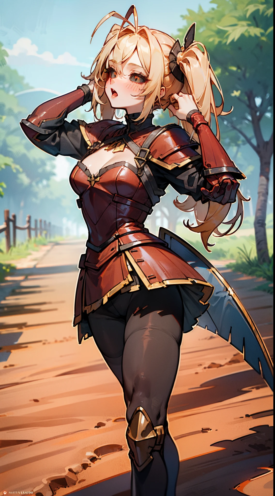 1sologirl (cha hae-in) sitting on wooden bench at park showing back to me, expressionless, looking at viewer, golden armor, leather black collar, shoulder armor, long sleeves, red gloves gauntlets, pelvic curtain, plain breasts, thick thighs, curvy hips, military boots with feet together