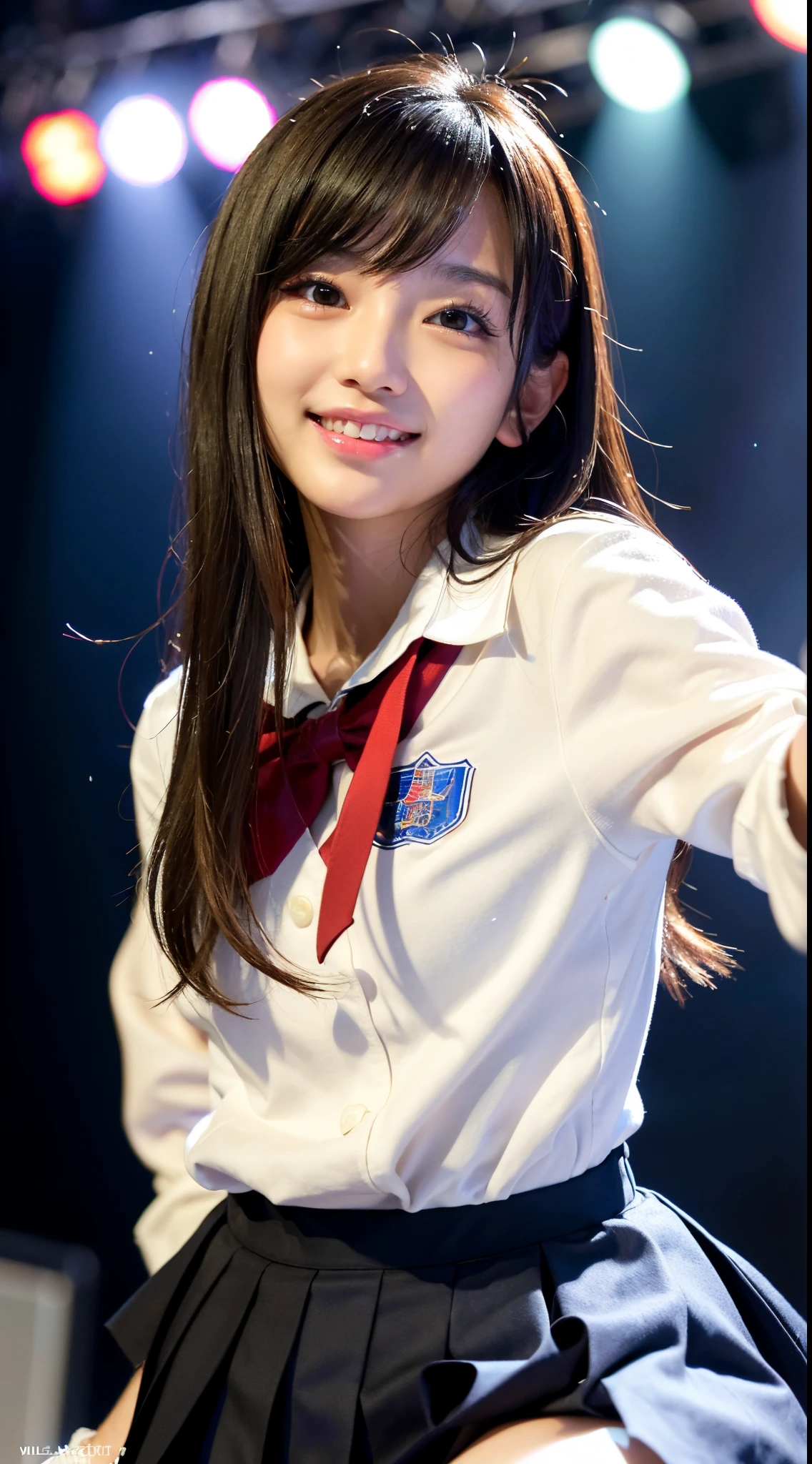 BEST-QUALITY, MASTERPIECE, ULTRA-HIGH-RESOLUTION, (PHOTOREALISTIC:1.4), RAW-PHOTO, ULTRA DETAILES, PERFECT-ANATOMY,
1girl, 15-years-old, the most popular Japanese idol, (((dancing at school festival stage, high on cocaine, wearing only Japanese high-school winter uniform))), innocent smile, dynamic pose, extremely cute face like a most famous Japanese idol, extremely beautiful big black solid circle eyes, extremely beautiful black hair, extremely beautiful long-eyelashes, extremely beautiful realistic white skins, extremely beautiful body, extremely beautiful breasts, detailed face, detailed eyes, detailed skins, detailed breasts, detailed body, detailed eyelashes, detailed hair