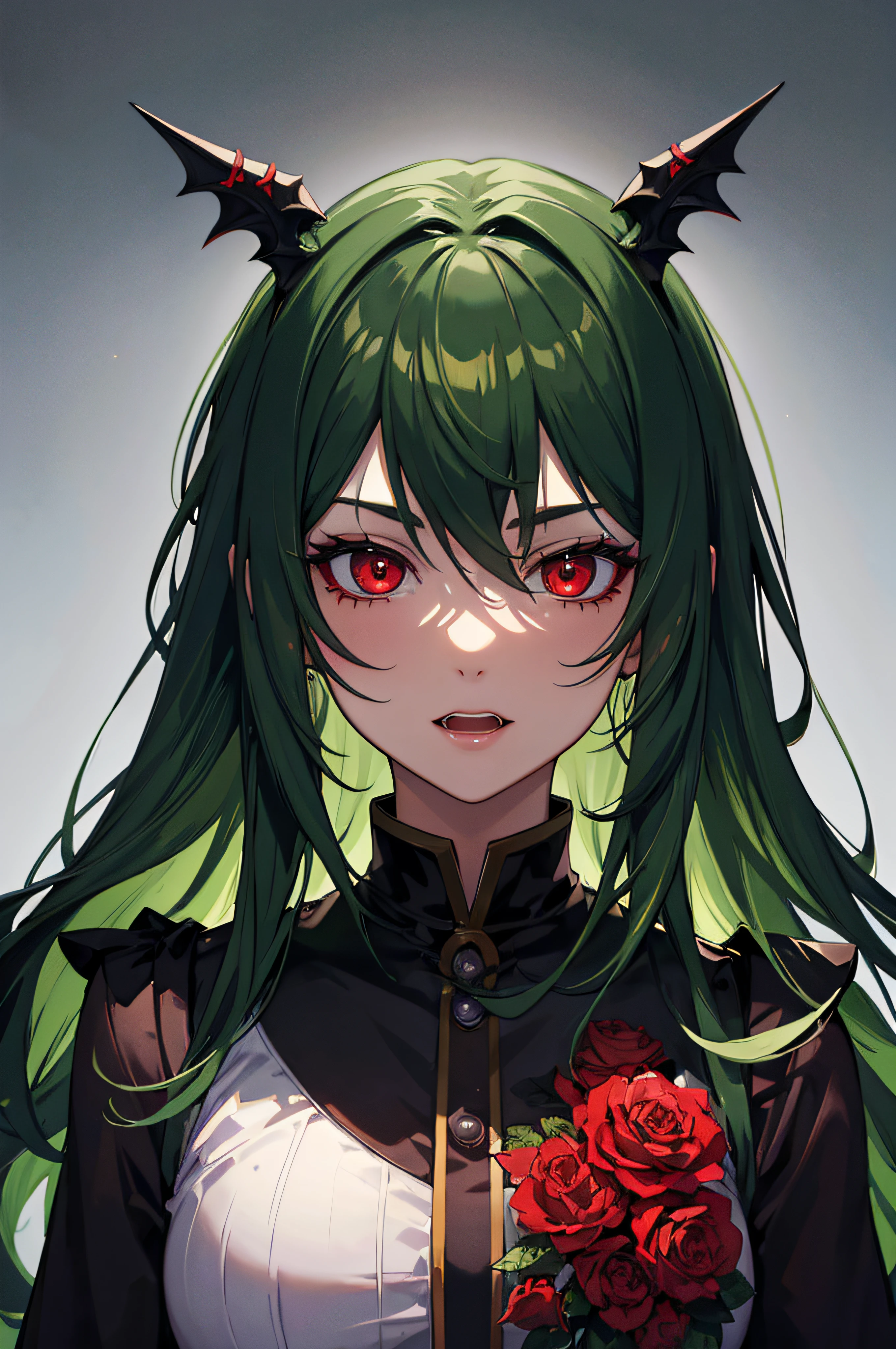 ((best quality)), ((masterpiece)), (detailed), perfect face, dark-green hair, dark-red eyes, fangs, mature, goth, tan skin