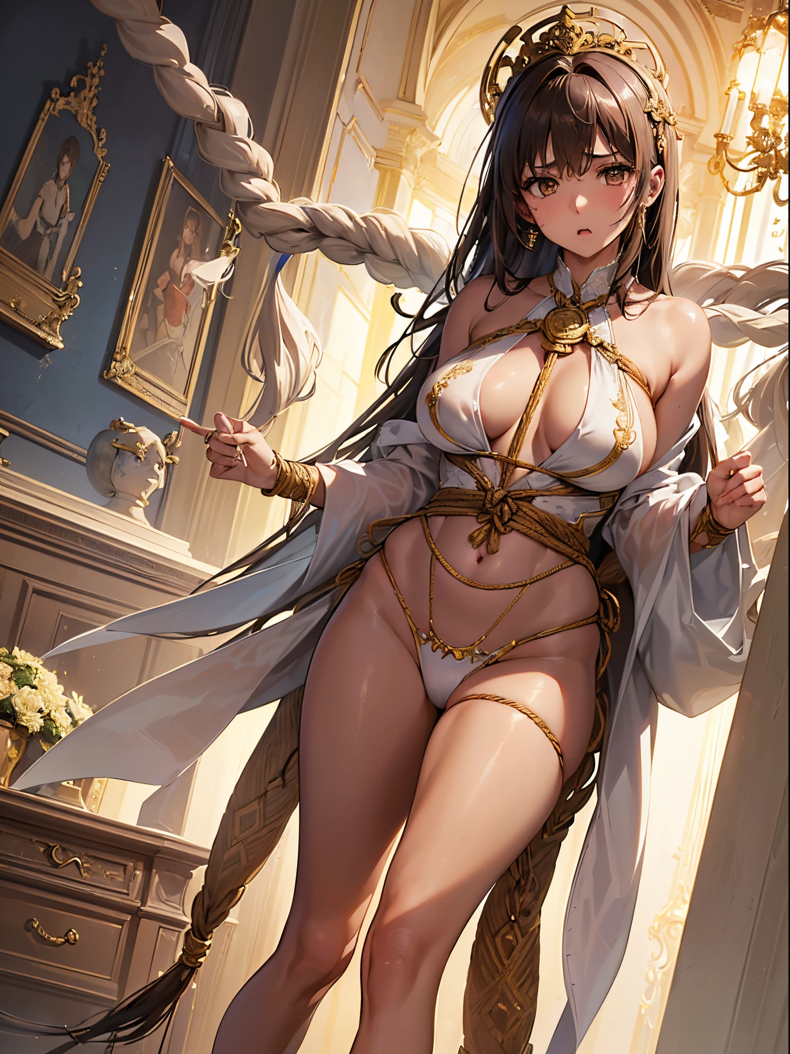 ((Finest quality)),(超A high resolution),(ultra-detailliert),(Meticulous portrayal),((Best Anime)),(Finest works of art),(Ultra-Precision Art),(The art of astounding depiction,Overwhelming depiction:1.5),(Intricate and detailed art), (femele:1.5),((anguished expression:1.5)),(I can't move because my whole body is tied with rope.:1.5),Well-proportioned glamorous body:1.5,(fine-grained brown skin:1.5)