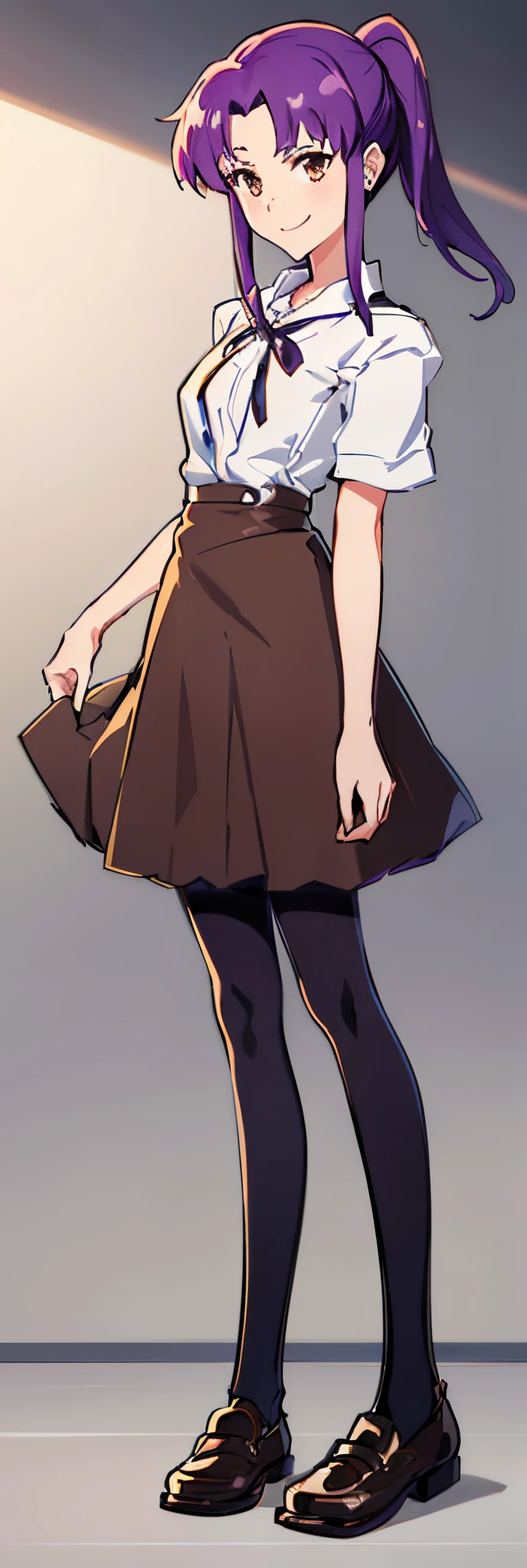(exceptional, newest, best quality, extremely detailed), 1girl, solo, purple_hair, hair_intakes, ponytail, smile, full_body, tokyo-3 middle school uniform, dark_brown_eyes, skirt_hold