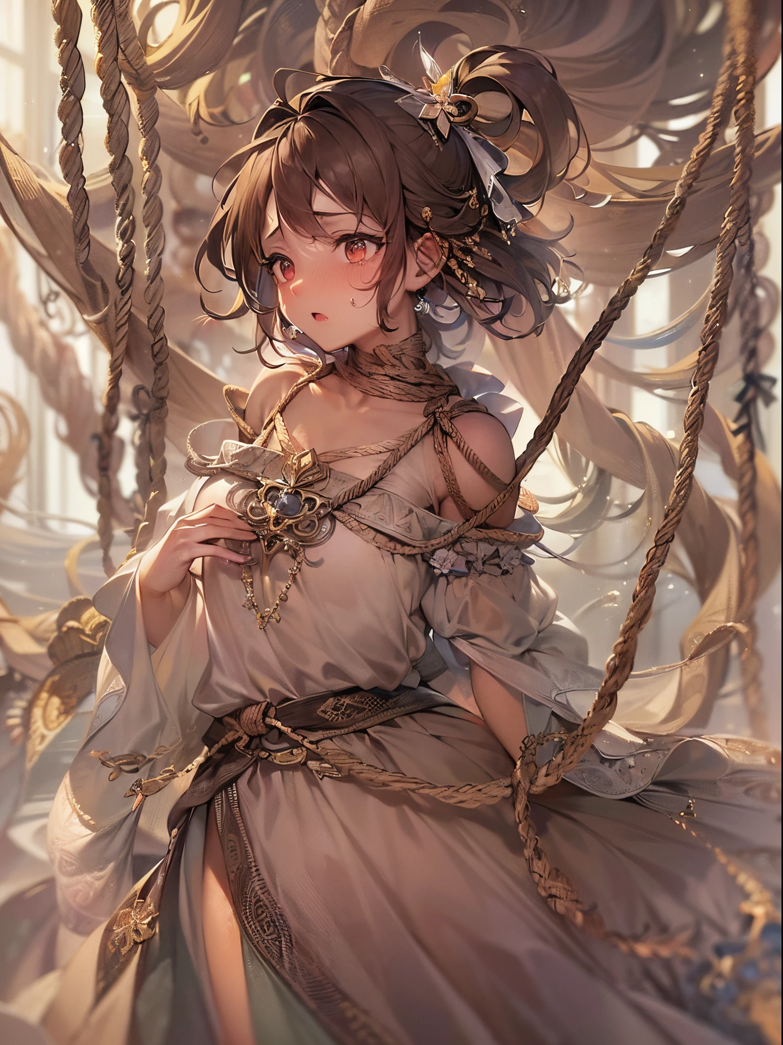 ((Finest quality)),(超A high resolution),(ultra-detailliert),(Meticulous portrayal),((Best Anime)),(Finest works of art),(Ultra-Precision Art),(The art of astounding depiction,Overwhelming depiction:1.5),(Intricate and detailed art), (femele:1.5),((anguished expression:1.5)),(I can't move because my whole body is tied with rope.:1.5),Well-proportioned glamorous body:1.5,(fine-grained brown skin:1.5)