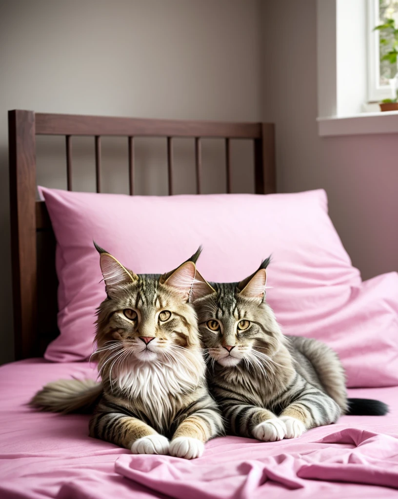 Maine Coon lying in bed, pink sheet, natural color, professional photo, hyper detailed, soft light,