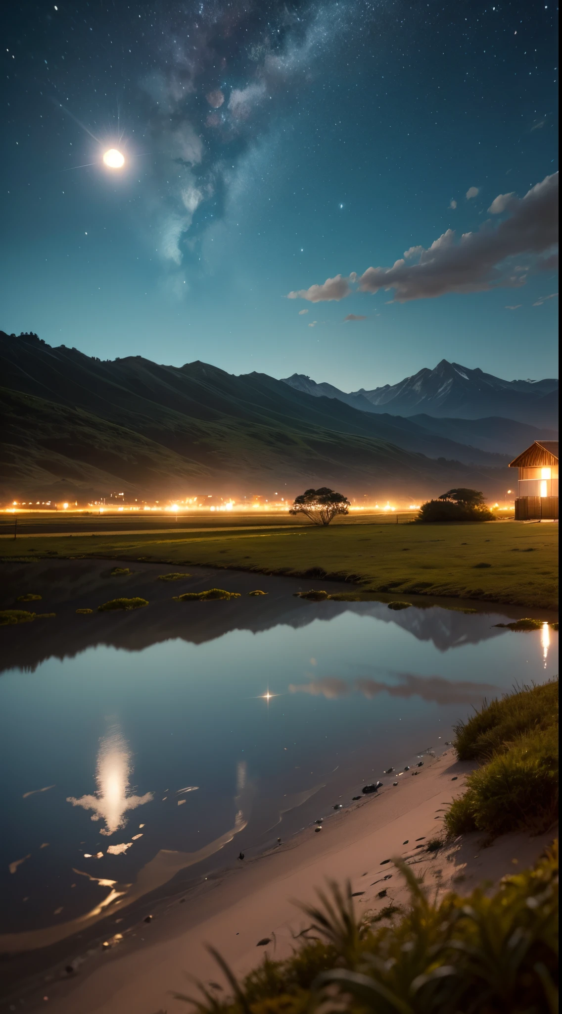 uma cena noturno no campo, a lua cheia aparece entre montanhas e uma pequena cidade no fundo do vale