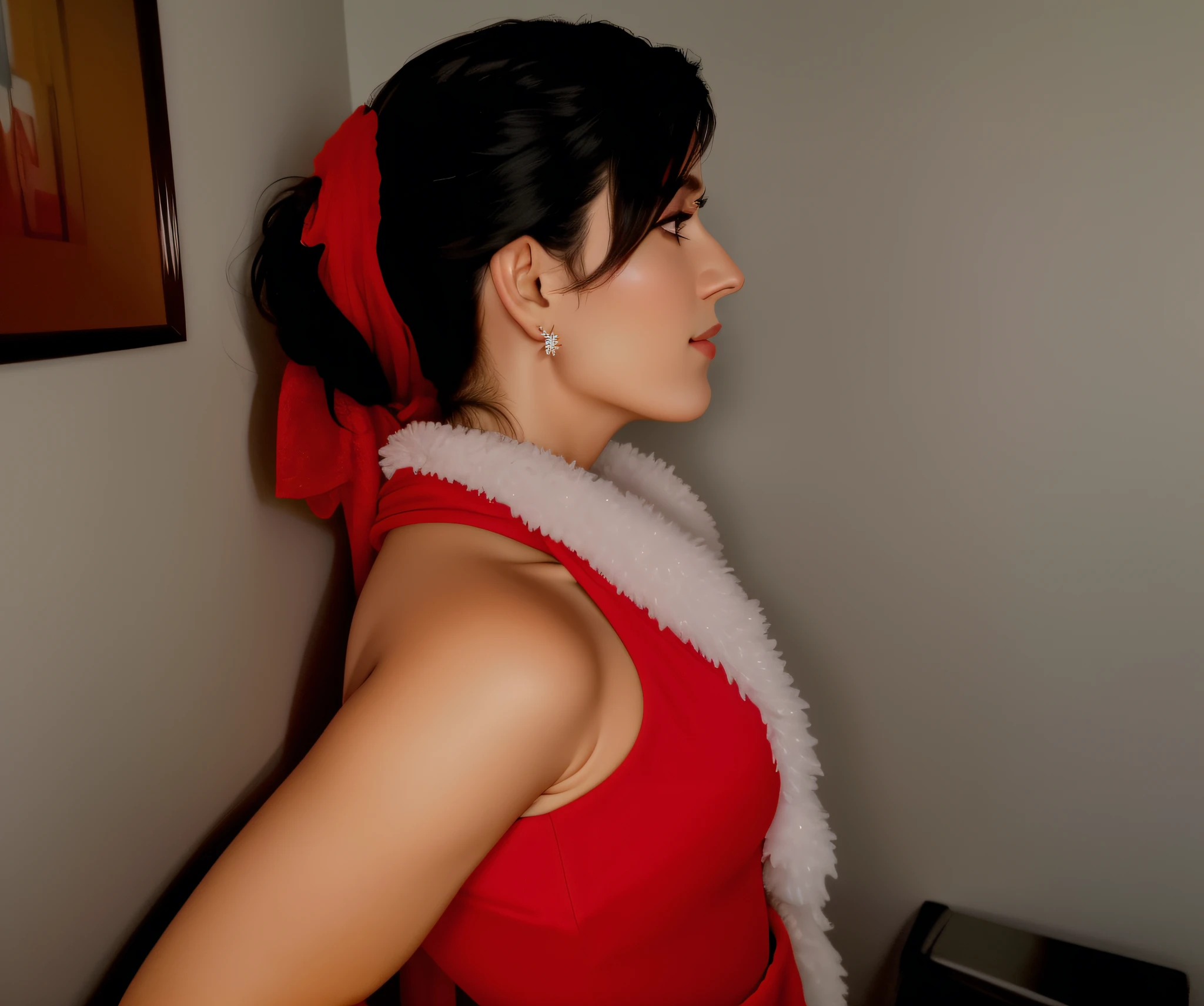 there is a woman in a red dress and a white scarf, Foto de perfil lateral, 3/4 vista lateral, close up tiro de meio corpo, posou no perfil, olhando de lado!, Side profile view, side view profile centered, Foto de perfil, Pose de perfil, sobre o ombro closeup, perfil do lado direito, de lado, perfil lateral, perfil de vista lateral, perfil esquerdo