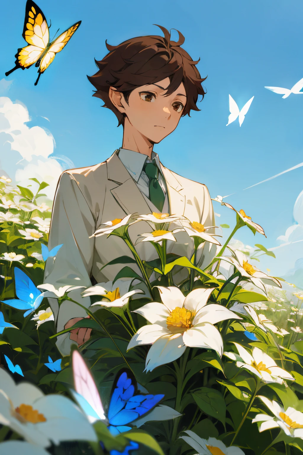 oikawa tooru,brown hair,brown eyes,short hair,1man,he is a fairy elf,flowers,butterflies,blue sky,pure and elegant,dainty