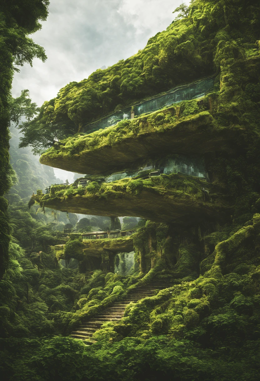 Futuristic building in a vast jungle。jungles。ln the forest。ivy。ruins。realisitic。