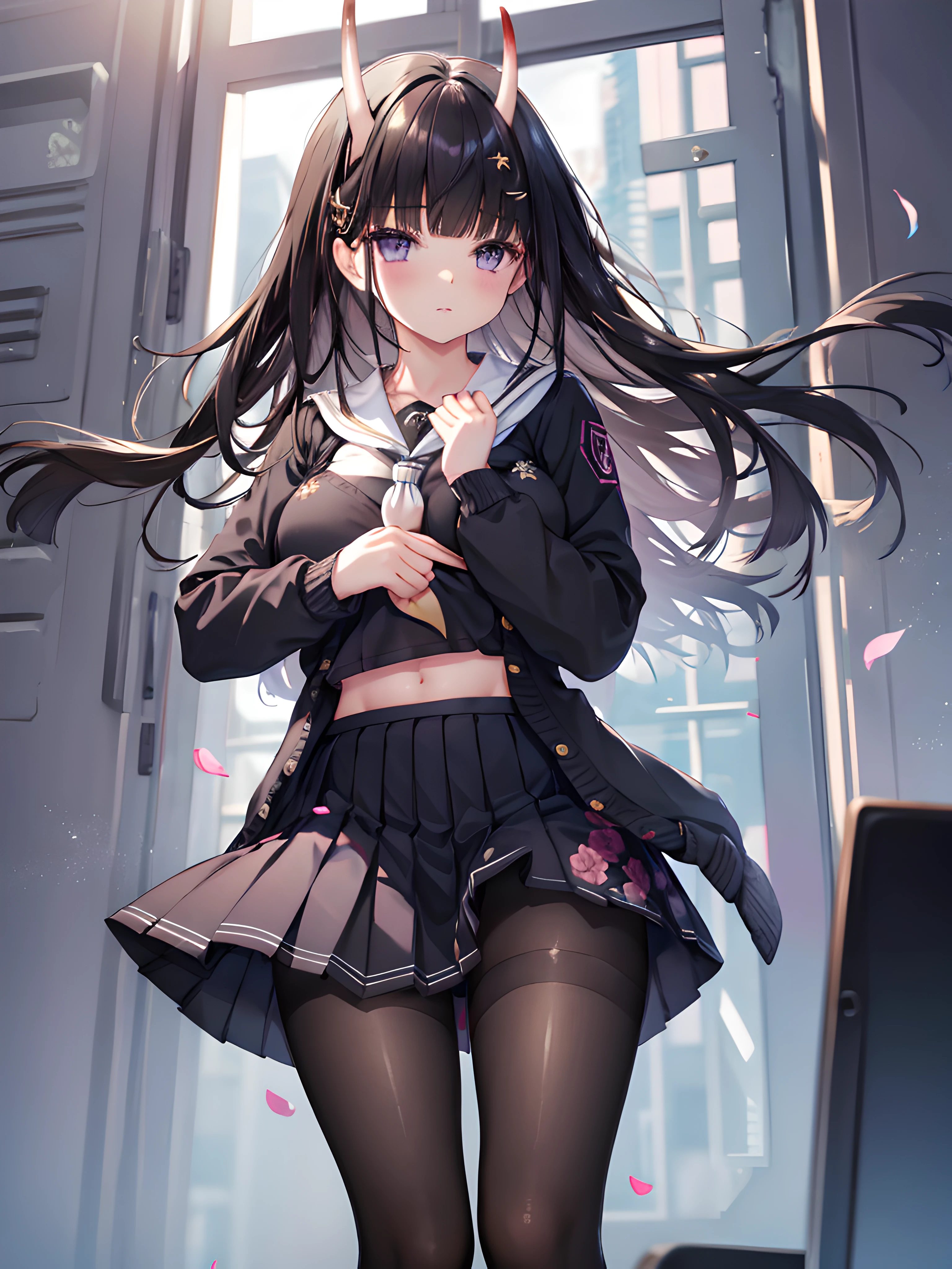 masterpiece, best quality, 1girl, solo, long hair, looking at viewer, skirt, black hair, school uniform, purple eyes, pantyhose, pleated skirt, horns, serafuku, cardigan, oni horns, open cardigan, black panty, floral lace undies, cameltoe, show panties, standing sexily, open legs, spread legs, miniskirt, lifting skirt with both hands, lift skirt, hold skirt with both hands