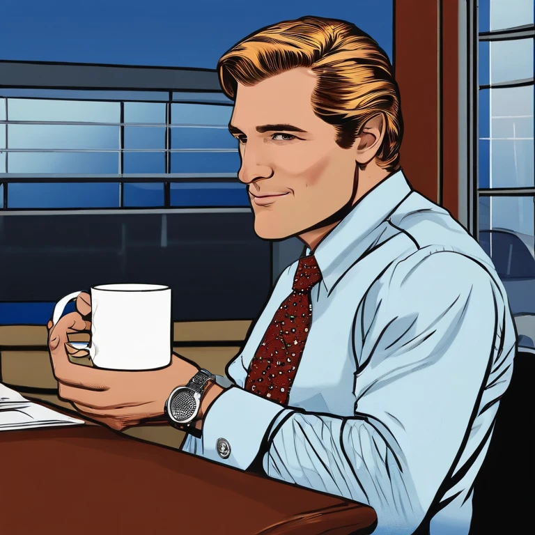 Lumbergh is typically seen in a business-casual attire, sporting a white collared shirt, suspenders, and off-color tie. His hair is neatly combed back, and he is almost always seen carrying a coffee mug, further emphasizing his corporate persona. He drives a blue Porsche 911. ,Office Space movie,Lumbergh is typically seen in a business-casual attire, sporting a white collared shirt, suspenders, and off-color tie. His hair is neatly combed back, and he is almost always seen carrying a coffee mug, further emphasizing his corporate persona. He drives a blue Porsche 911. , male,face,photo