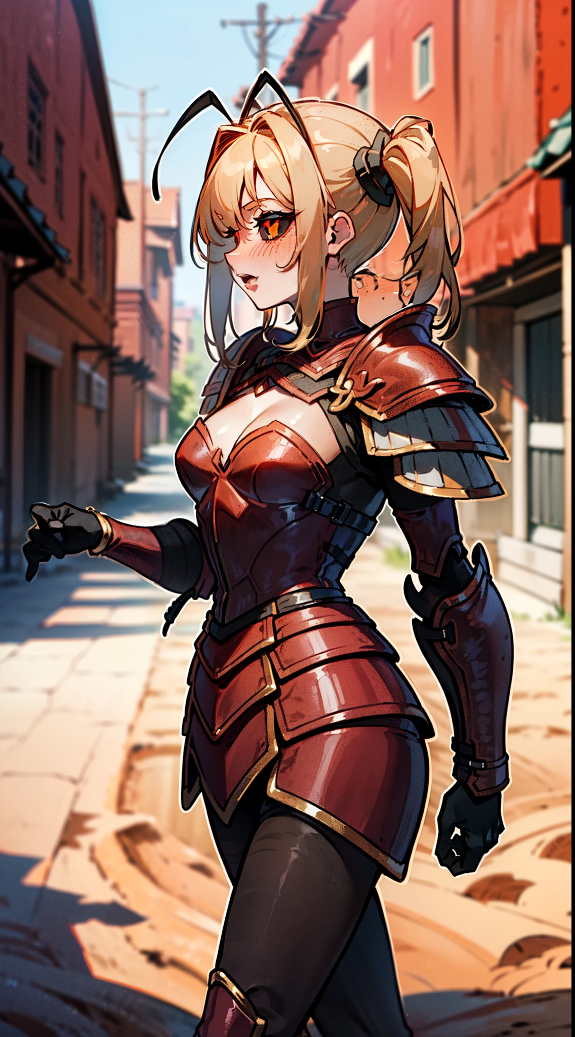 (Original Character,8k, Masterpiece, Best Quality,Detailed, Beautiful Detailed Eyes, solo),mature female,small, fine skin,cleavage,blush,black eyes,black sclera,yellow hair,twintail hair,black pantyhose,(((hair 2antennas large))),((red armor)),((walking in a dirt road,in a village)),from side,open mouth,