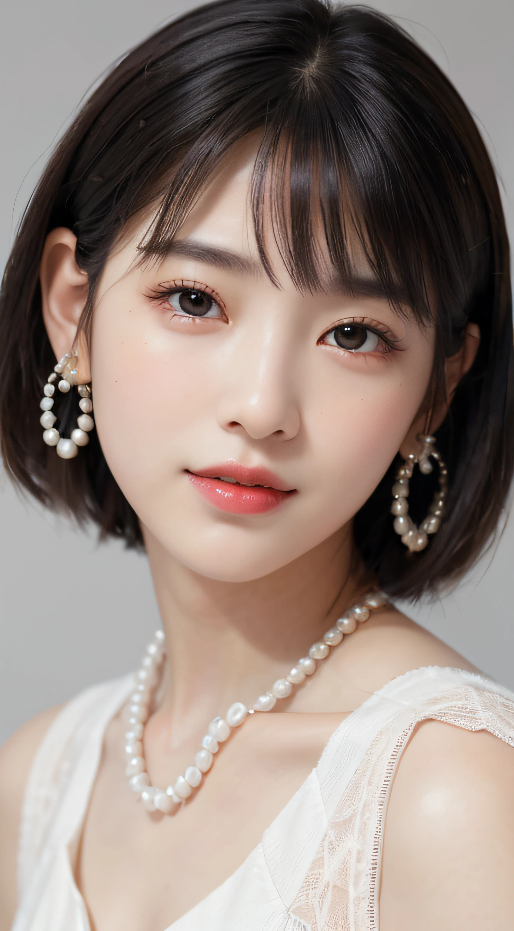 Beautiful schoolgirl。She wears an all-white off-shoulder ruffled lace dress。Narrow-eyed、ssmile、Her hair is、Black Hair Short Bob Hair Straight、(Voluminous short bob、straight haired、On-eyebrow bangs)、Bob with only one ear out、hight resolution、masterpiece、top-quality、headw:1.3、((Hasselblad photo))、Fine skin、Fine textures、foco nítido、(电影灯光)、red-lips、(cowboy shot)、Light gray background、A smile