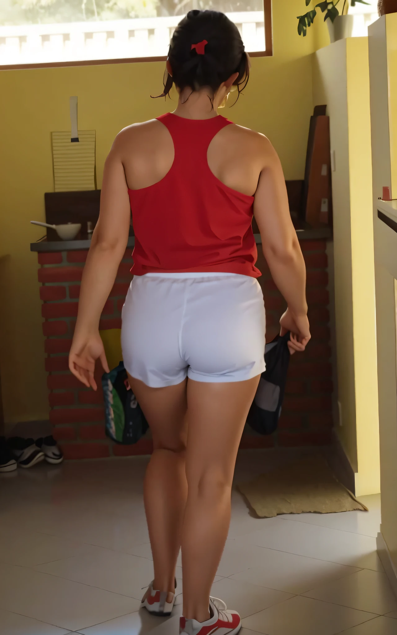 there is a woman in a red tank top and white shorts, Bermuda, vestindo shorts vermelhos, wearing white tights, seen from back, usando roupas simples e apertadas, view of the back, mulher curta robusta, vestindo malha branca, viewed from behind, Menina sexy usando shorts, viewed from behind, traje apertado, white shorts and hiking boots