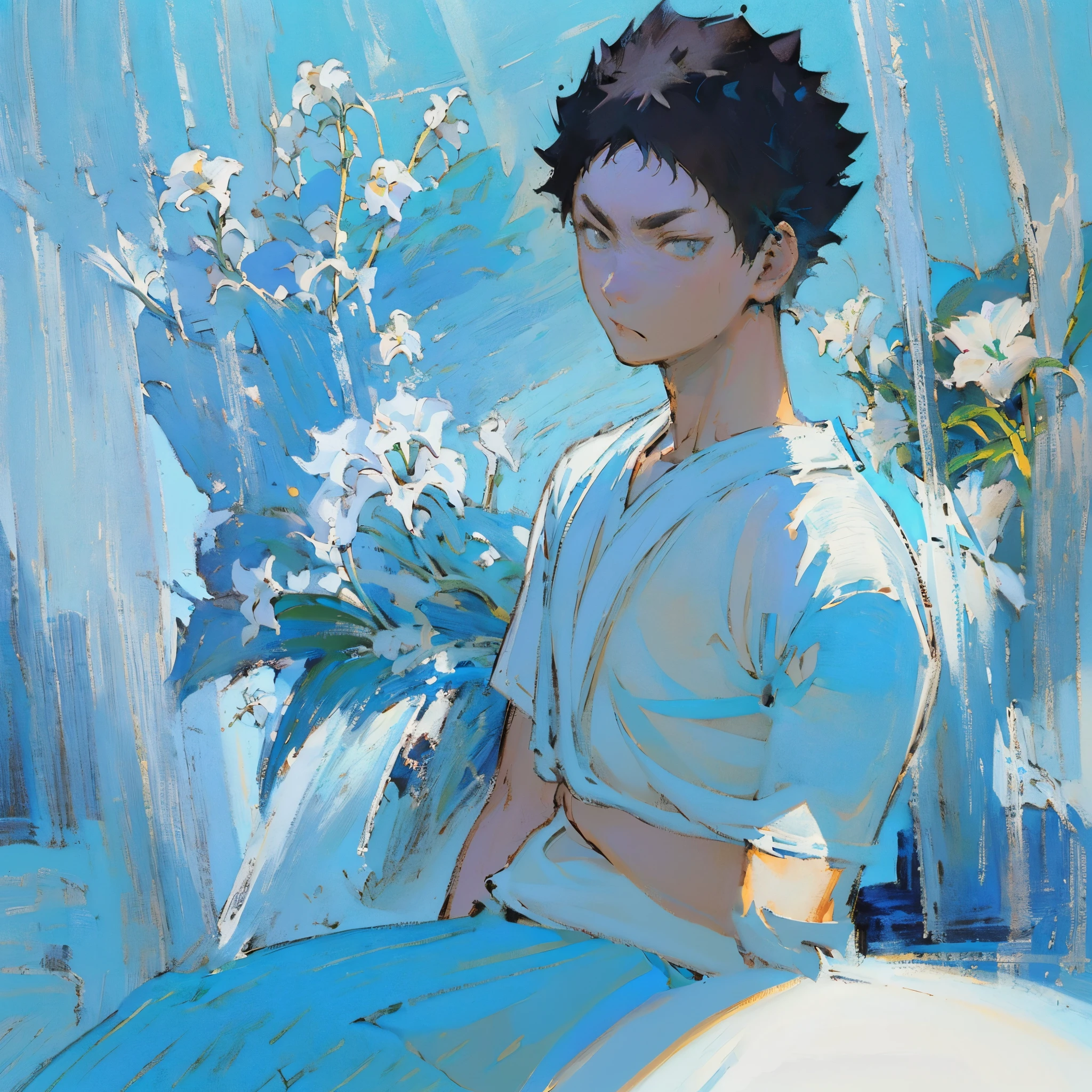 (((1 boy))),male focus,(((solo))),(((iwaizumi))),Fechin, oil painting, IMPRESSIONISM,(((sunlight))),black hair,((black eyes)),((short hair)),spiky hair,plants,white flowers,lily of the valley,(blue sky),(((plain white tshirt))),khaki shorts,((((vibrant colors)))),(blue focus),Looking at viewer,(((high contrast))),(((((perfect face)))))