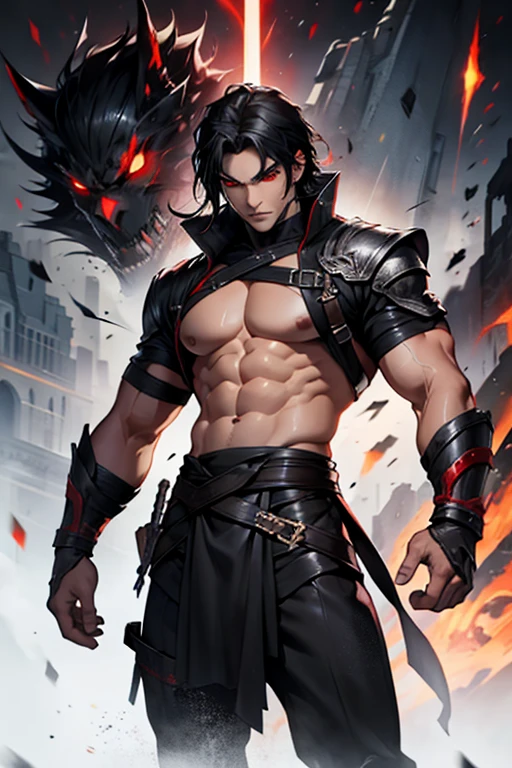 Caucasian man, red eyes, black hair, y warrior outfit, abs