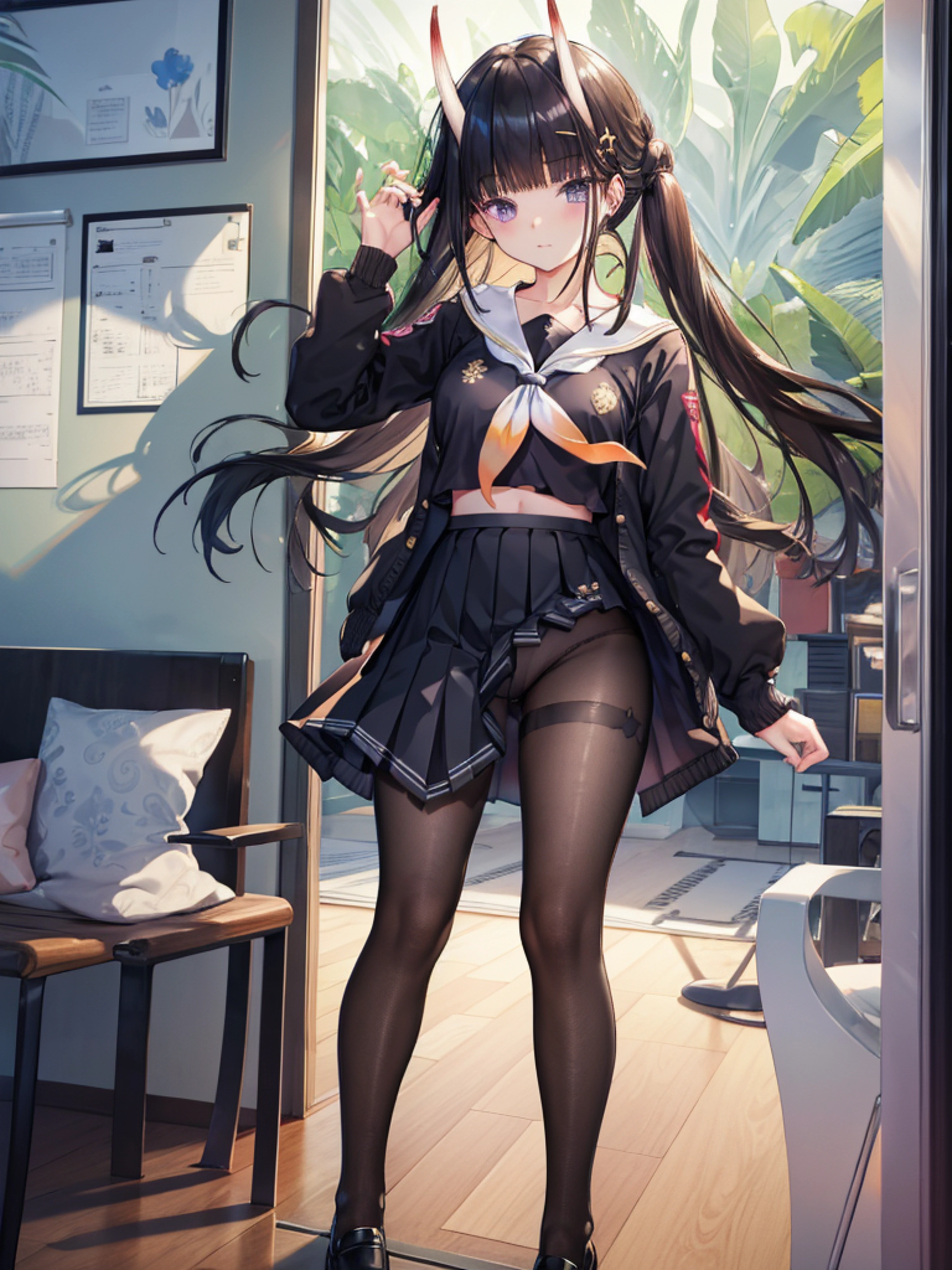 masterpiece, best quality, 1girl, solo, long hair, looking at viewer, skirt, black hair, school uniform, purple eyes, pantyhose, pleated skirt, horns, serafuku, cardigan, oni horns, open cardigan, black panty, floral lace undies, cameltoe, show panties, standing sexily, open legs, spread legs, miniskirt, lift skirt with both hands, lift skirt