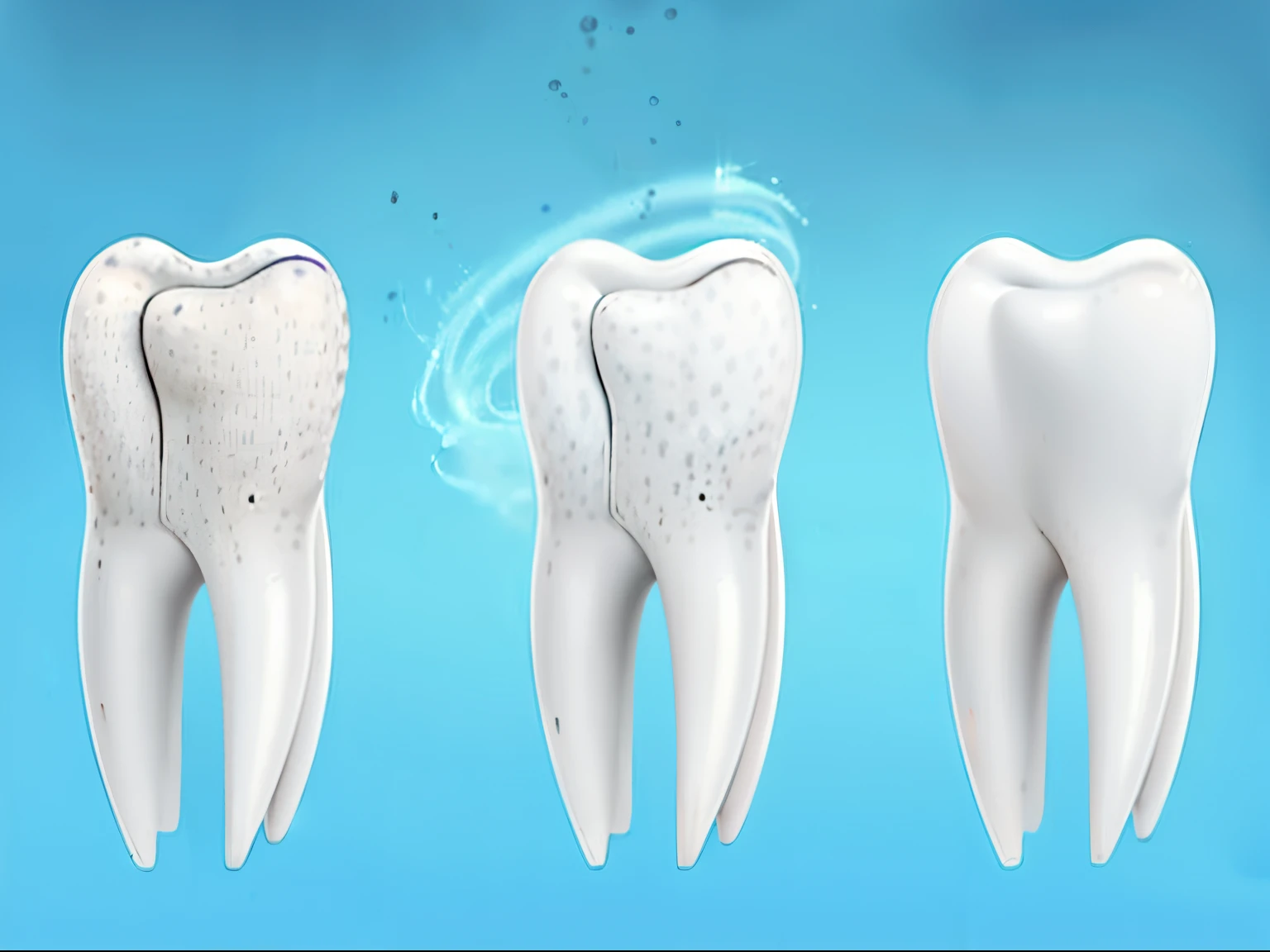 close-up of three teeth with toothpaste, visible tooth, tooth, teeth, dental caries, cavities, Blast Toothpaste, uniform teeth, compound, clenching your teeth, highly detailed teeth, grin, teeth filled with caries, broken teeth, hard smooth teeth, acid leaks from mouth, Digital Rendering, Bared teeth, Detailed Illustration