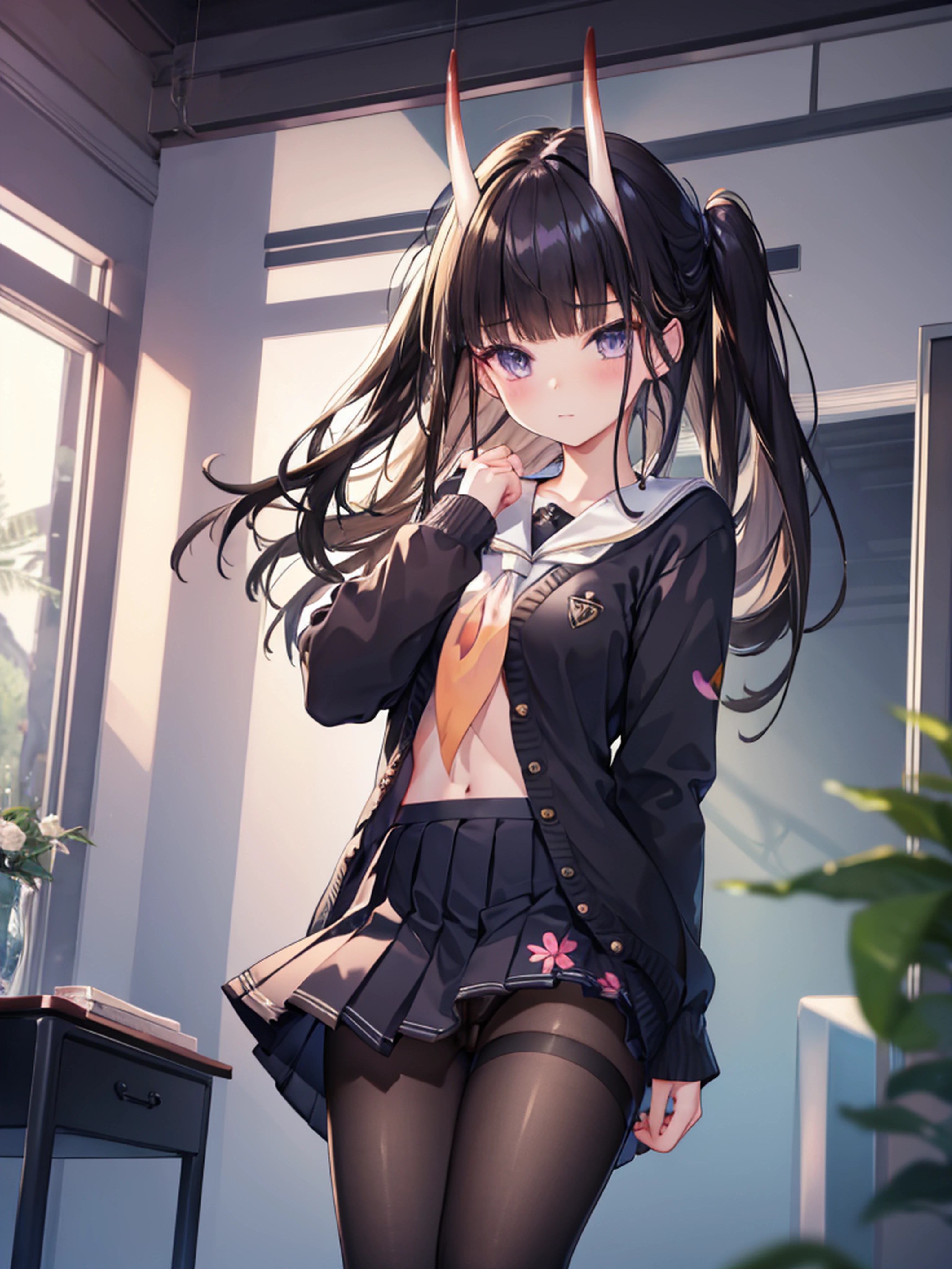 masterpiece, best quality, 1girl, solo, long hair, looking at viewer, skirt, black hair, school uniform, purple eyes, pantyhose, pleated skirt, horns, serafuku, cardigan, oni horns, open cardigan, black panty, floral lace undies, cameltoe, show panties, standing sexily, open legs, spread legs, miniskirt, lift skirt with both hands, lift skirt