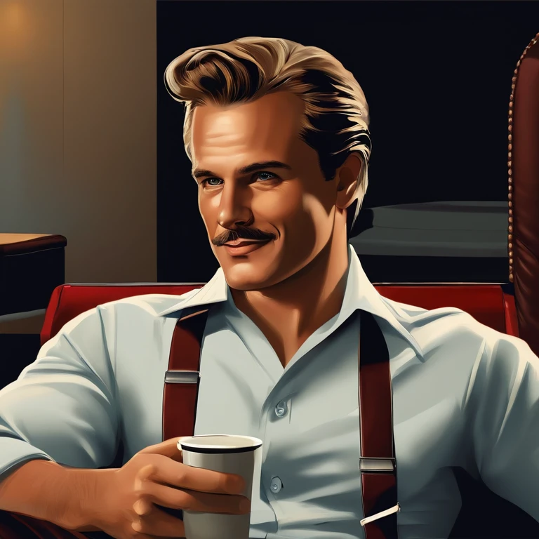 Lumbergh is typically seen in a business-casual attire, sporting a white collared shirt, suspenders, and off-color tie. His hair is neatly combed back, and he is almost always seen carrying a coffee mug, further emphasizing his corporate persona. He drives a blue Porsche 911. ,Office Space movie,Lumbergh is typically seen in a business-casual attire, sporting a white collared shirt, suspenders, and off-color tie. His hair is neatly combed back, and he is almost always seen carrying a coffee mug, further emphasizing his corporate persona. He drives a blue Porsche 911. , male,face,photo
