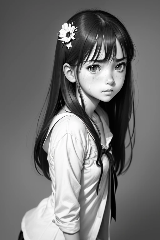 ((Best quality)), ((masterpiece)), ((realistic)), (1 girl: 1.5), The comic image of a girl with a (very frustrated face:1.2), colored manga style, ultra detailed,smiling Nisio Isin, Krenz Cushart, sharp colors, hazy, close - up intensity, hurufiyya, monochromatic intensity, (black and white:1.3), eiichiro oda, clean face,