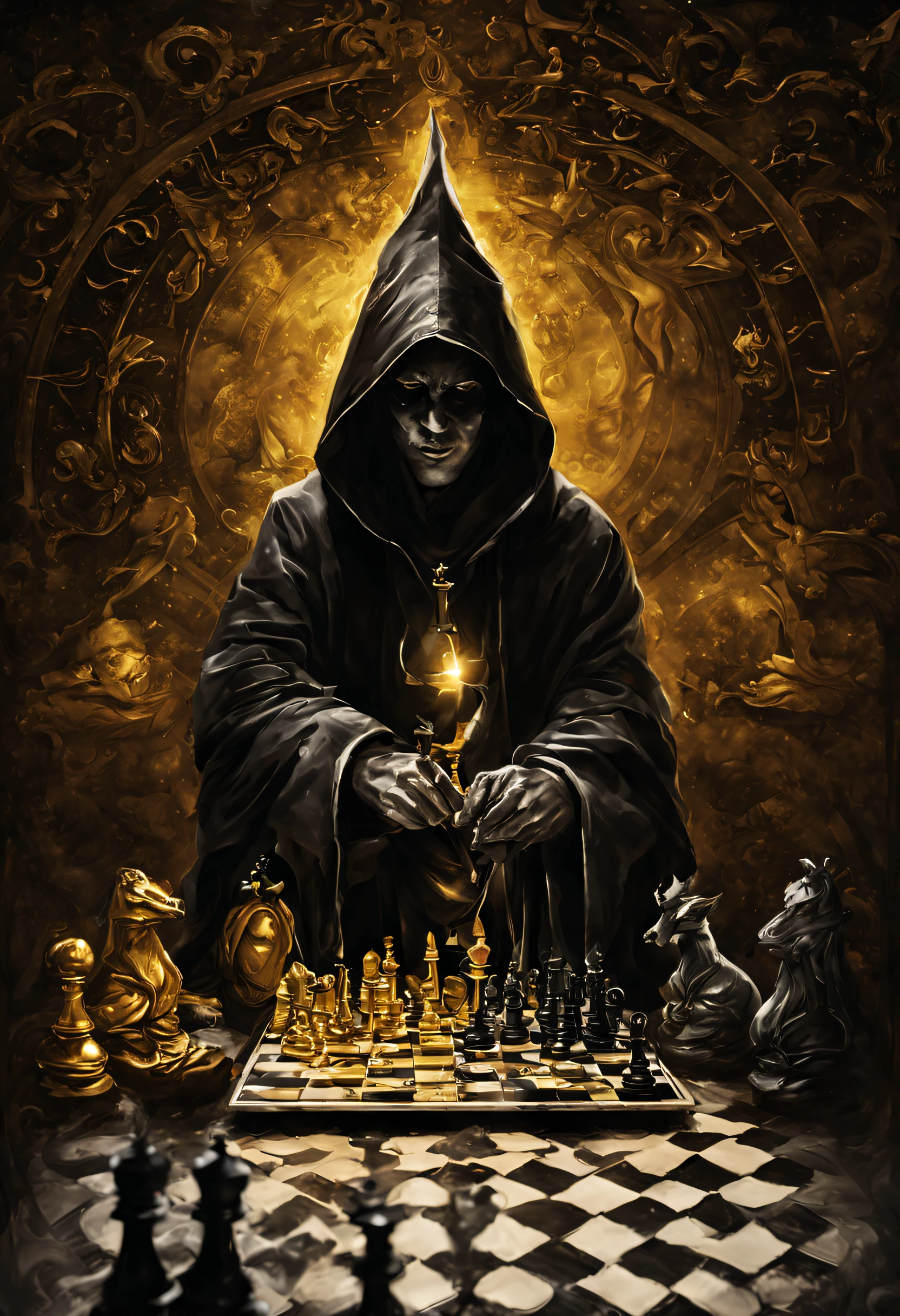 Black and white close-up with gold touches of a man, Sitzt vor einem Schachbrett, gewinnendes Hexenschachmatt, wears a worn hooded robe, A shadow over his face, Gold leuchtende runde Brillen,Mit einem Metallabzeichen auf der Robe schreibt die Hexe: SFG,