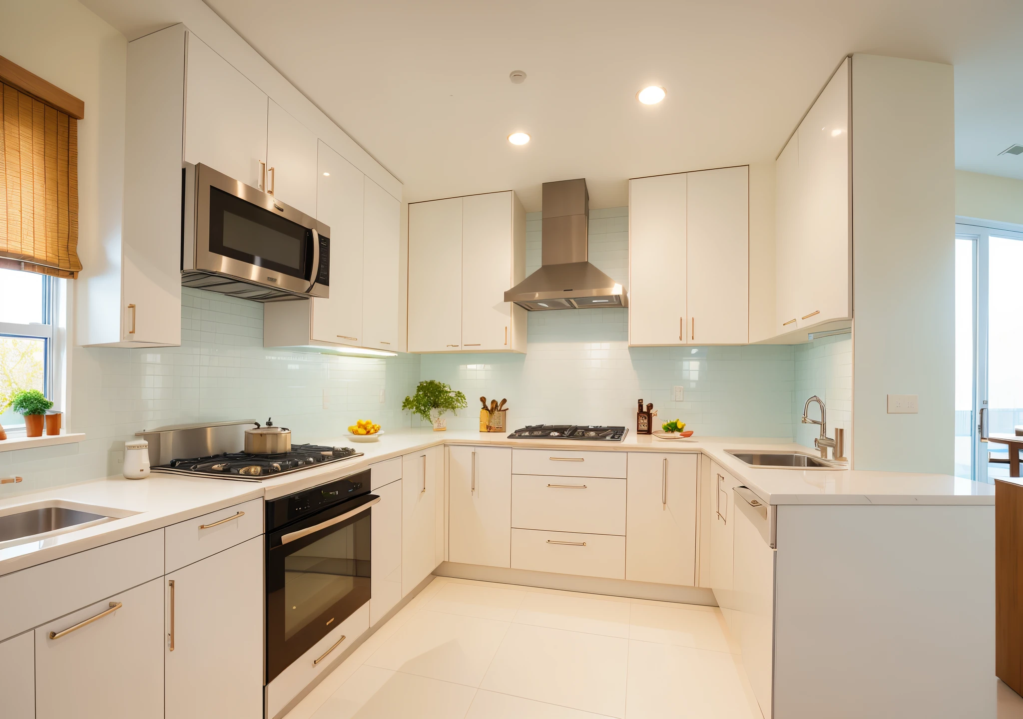kitchen, white wallpaper, white tile flooring, the kitchen itself is in snow-white colors, refrigerator, sink, slab, stretching, oven, microwave, frontal view