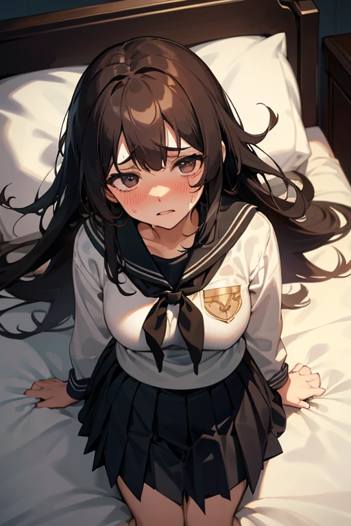 nsfw,1Girl, lying in bed:1.0, (lie on one’s back:1.0), dark hair, long hair, black long-sleeved sailor uniform, black pleated skirt,(Background: on bedroom bed), Big tits: 1.4,Shy Face,upset,embarrassed,parted lips,shortness of breath,Blushing, Face in agony,saliva,wet face,steam,Beautiful girl, Sweaty wet skin: 1.3,From above,Sunset, High quality, High resolution, Detail, masterpiece