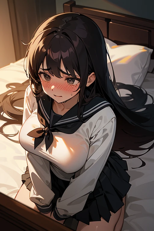 1Girl, lying in bed, lying on back, dark hair, long hair, black long-sleeved sailor uniform, black pleated skirt, (messy clothes: 1.0), (Background: on bedroom bed), Big tits: 1.4,Shy Face,upset,embarrassed,parted lips,shortness of breath,Blushing, Face in agony,saliva,wet face,steam,Beautiful girl, Sweaty wet skin: 1.3,From above,Sunset, High quality, High resolution, Detail, masterpiece