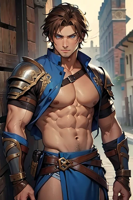 Caucasian man, blue eyes, Brown hair, sexy warrior outfit, abs