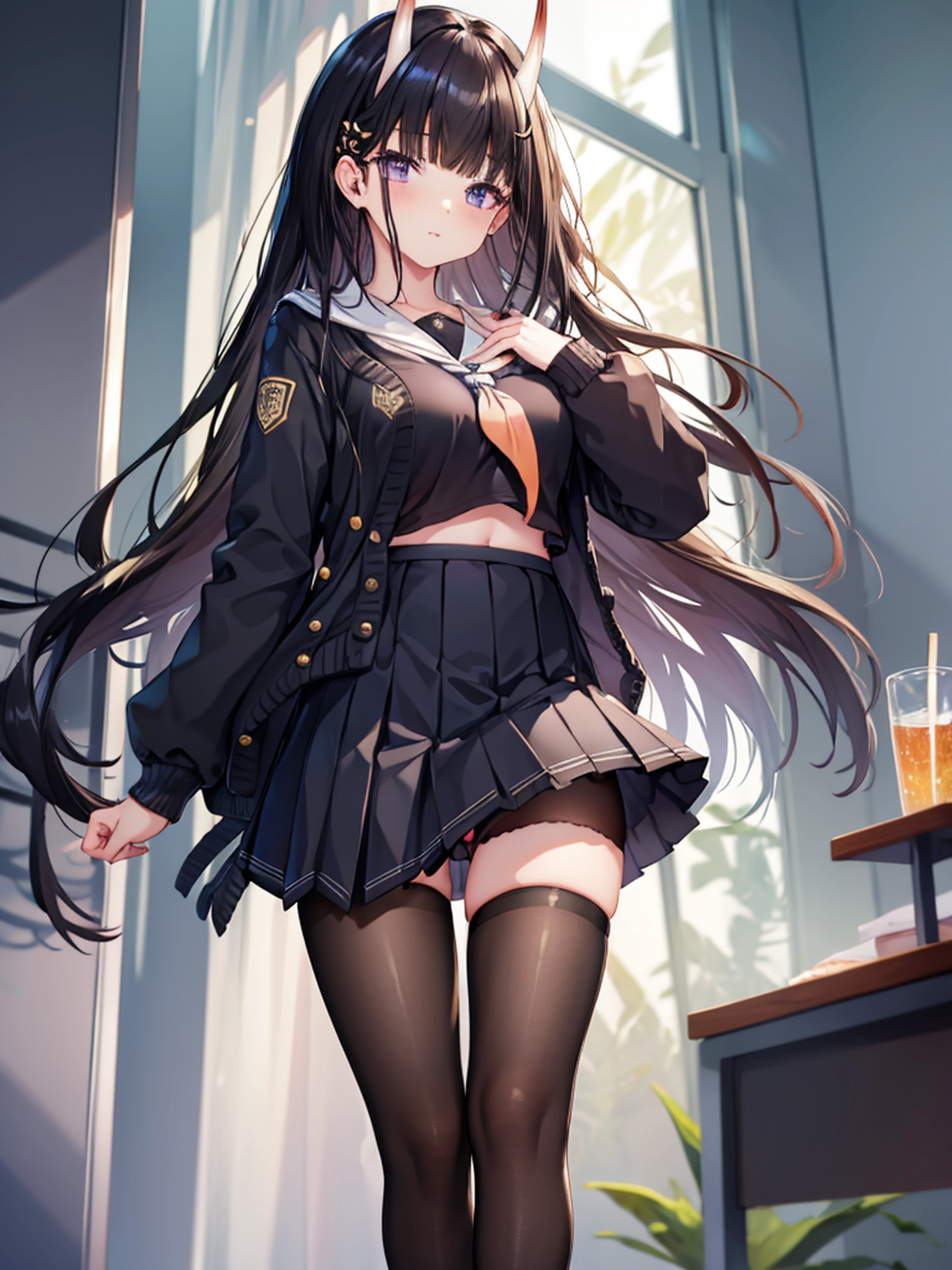 masterpiece, best quality, 1girl, solo, long hair, looking at viewer, skirt, black hair, school uniform, purple eyes, pantyhose, pleated skirt, horns, serafuku, cardigan, oni horns, open cardigan, black panty, floral lace undies, cameltoe, show panties, standing sexily, open legs, spread legs, miniskirt, lift skirt with both hands, lift skirt