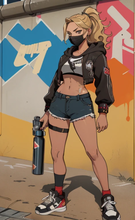 A rebellious young woman, wearing a croptop, sportsshorts, sneakers and a jacket with a hood, protective mask, wavy blonde hair in a ponytail, equipped with a spray can, doing graffiti at a a railroad underpass