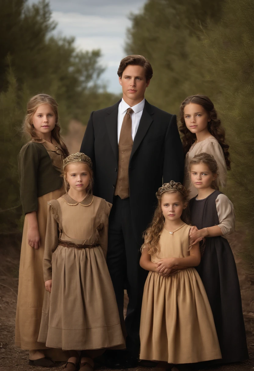 A group of young girls being taught by the king's wives,original,Elijah King, a fictional character reminiscent of Warren Jeffs, stands as a commanding figure in his community, often seen in traditional, modest attire that signals his self-proclaimed spiritual leadership. His stern, unsmiling face and piercing gaze convey a sense of authority and an unyielding belief in his own doctrines., male