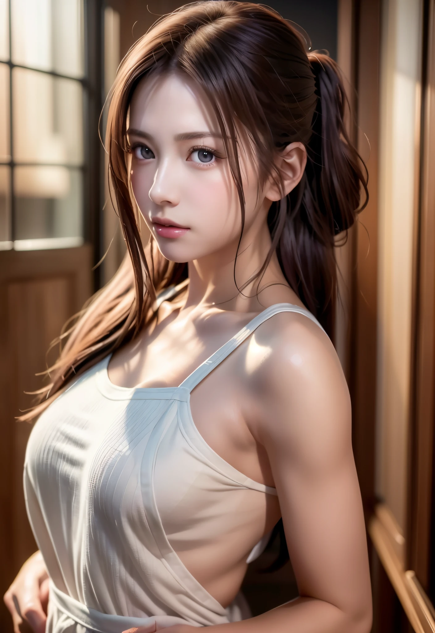 8K, of the highest quality, masutepiece:1.2), (Realistic, Photorealsitic:1.37), of the highest quality, masutepiece, Beautiful young woman, Pensive expression, Gentle eyes, Apron naked、full of shyness、Hair tied back, Messy mood, Cinematic background, Light skin tone