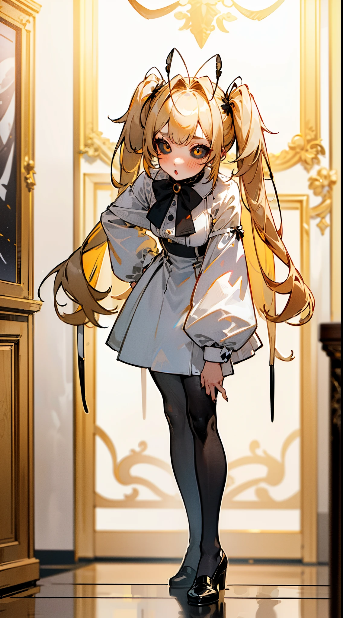 (Original Character,8k, Masterpiece, Best Quality,Detailed, Beautiful Detailed Eyes, solo),mature female,small, fine skin,blush,black eyes,black sclera,yellow hair,small twintail hair,black pantyhose,(((hair 2antennas large))),elegant white outfit,((standing inside of a mansion,night)),:o,leaning forward,night