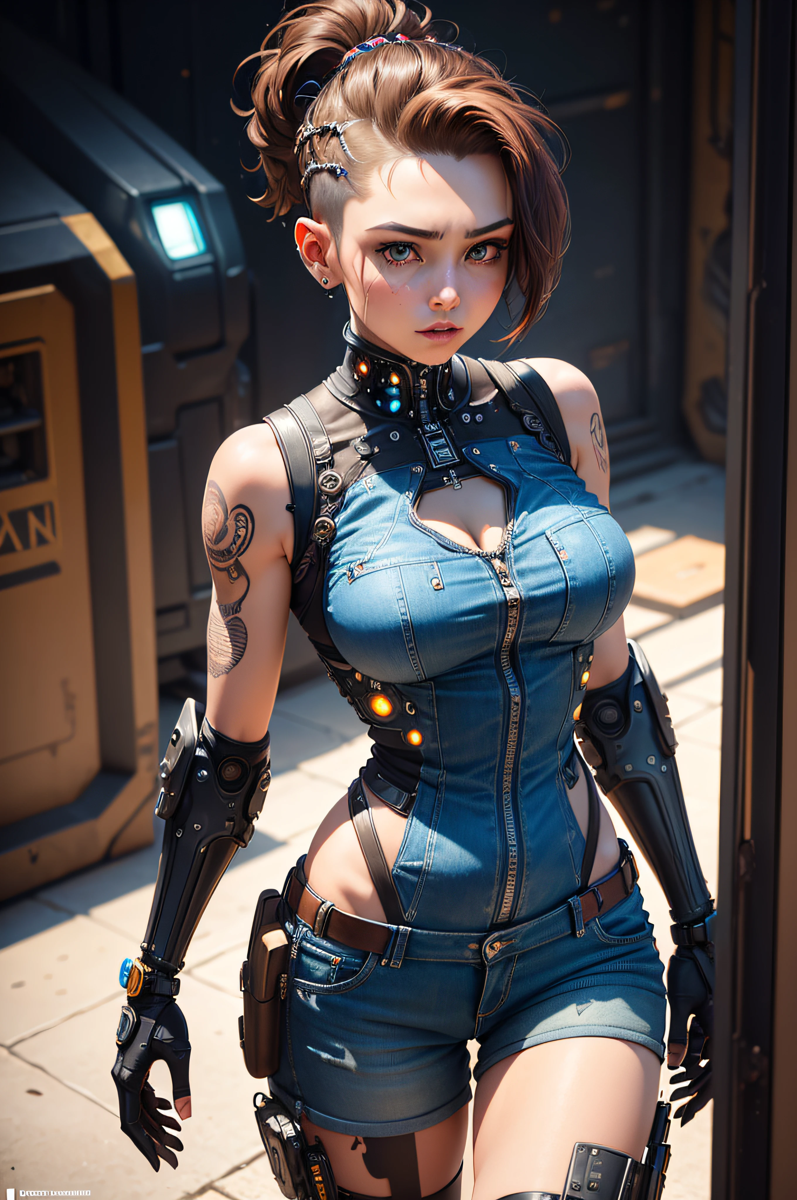 ultra detailed beautiful woman fixing device in the garage, (brown undercut hair:1.3), (cybernetic arms:1.1), dressed in (denim vest:1. 3) and short shorts, tattoo, (cyberpunk valentino:1.1), robotic parts, 150mm, beautiful studio soft light, rim light, bright details, luxury cyberpunk, , hyperrealistic, anatomical, facial muscles, elegant, beautiful background, octane render, H. R. Giger style, 8k, best quality, masterpiece, illustration, extremely delicate and beautiful, extremely detailed,CG,unity,wallpaper,(realistic, photo-realistic:1.37),Amazing, fine detail, masterpiece, best quality, official art, extremely detailed CG unity 8k wallpaper, absurdres, incredibly absurdres, robot, full body, (high angle:1.3)