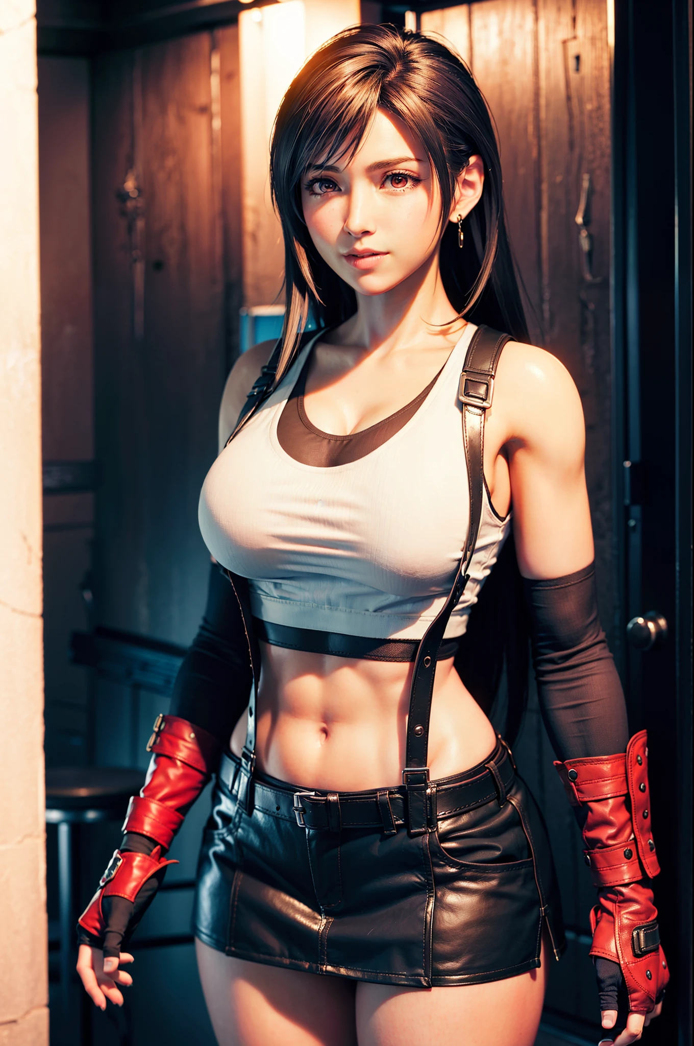 8k,​masterpiece, bset quality,huge tit、（1girl in）、tifa lockhart、red_eyes、black hair、long hair、Flapping hair， Adult beauty、shinny skin、Shiny big、 ((top-quality))、 Crisp focus:1.2、Highly detailed facial and skin texture、A detailed eye、face perfect、perfect bodies、art by、CG、Blur the background、Big breasts with a strong presence、（20yo,Mature cool and beautiful face）、wear ((Suspender Black Skirt)),(( Black Elbow Gloves,White taut shirt、Thigh、white tank tops、Ankle Boots、Red boots、a navel、red blush))、jukebox、Old bar、upper body、a smile,Professional-looking light source、Fluttering hair、Random angles、 Low waist，thick thight、face lights， Cinematographic lighting、Midgar