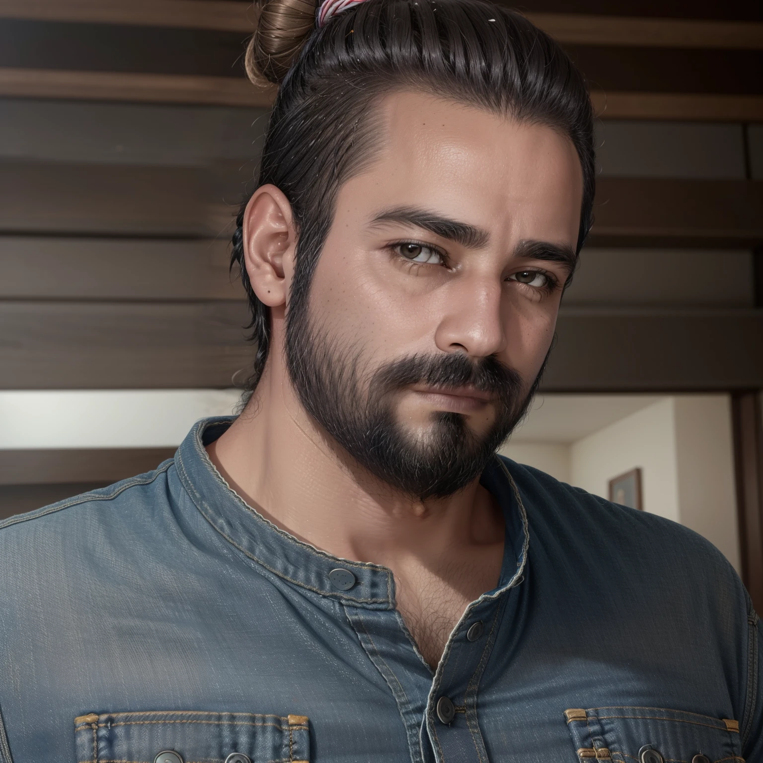 melhor qualidade, obra prima, ultra-high-resolution, retrato, (fotorrealista:1.4), Foto RAW, Homem bonito e viril acima do peso, top knot, with smooth collar crew t-shirt basic random color, jeans, Botas, barba, Texturas faciais detalhadas