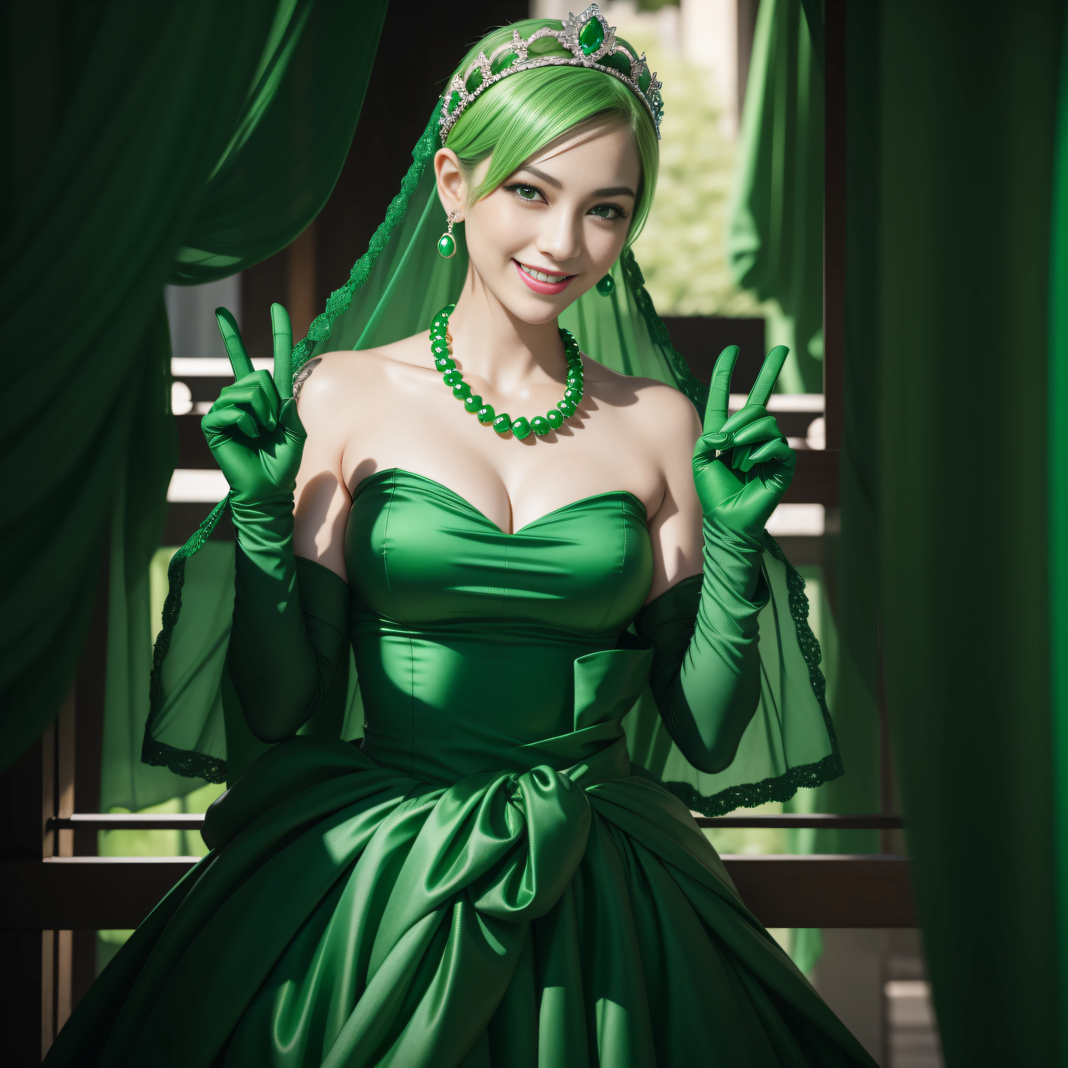 emerald tiara, Green Pearl Necklace, Boyish very short green hair, lipsticks, Japan woman smiling, very short short hair, big breasts beautiful, Green eyes, Long green gloves made of satin material, Green eyes, Emerald Earrings, green vale, v sign