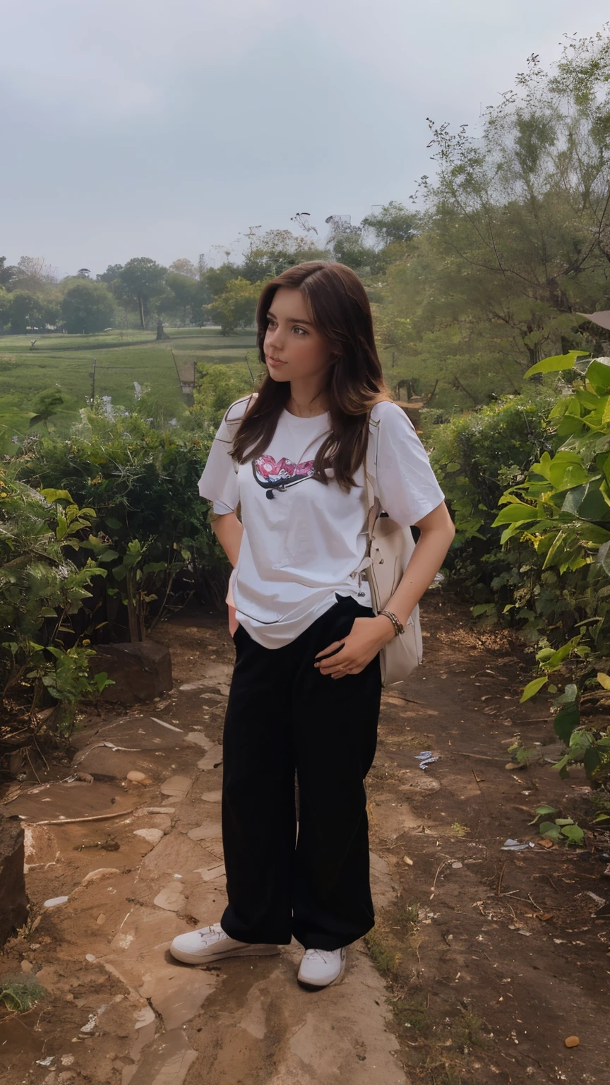 Generate too cartoon, 1Girl,Beautyfull girl, Brown hair, Long hair, Bag on left arm, Waite t-Shirt, Black Pants, ultra detail, 8k resolution, generate too Cartoon.