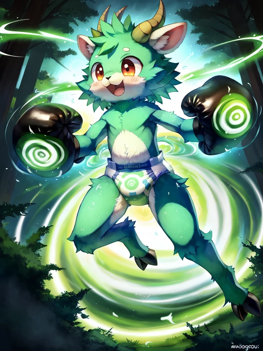 ((by wadorigi on Twitter)(Lamb)), pokemon, ??? proportions, cute, adorable  , thin thighs, hooves,  upper limb hooves, light green fur, horns made of emerald , powerful green spiral wind current on surroundings, ( green swirling whirlwind effect), surrounded by green swirling whirlwinds of magic, multiple green swirling whirlwinds on background, wearing soggy messy padded  diaper, (leather padded  boxing gloves), leather wrist cuffs, running like ninja, green swirling whirlwind spheres on fists, in forest