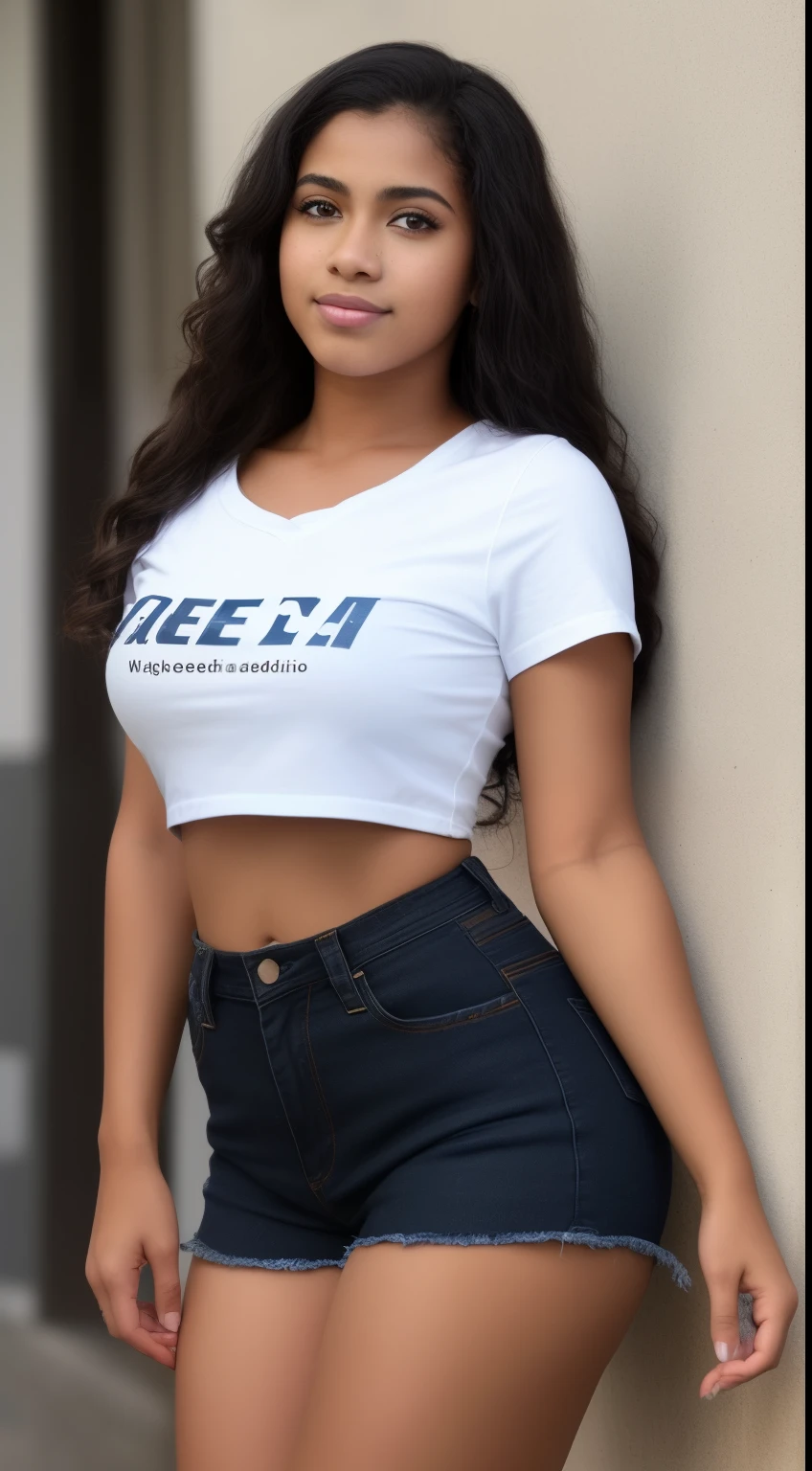 Create an modern Indian-nigerian-japanese oval face resemblence, indian eyes, a model who is 32 years old with little curvy figure, dark indian skin, indian hair style, front facing standing pose, wearing skinny jean and tshirt, hyper realistic