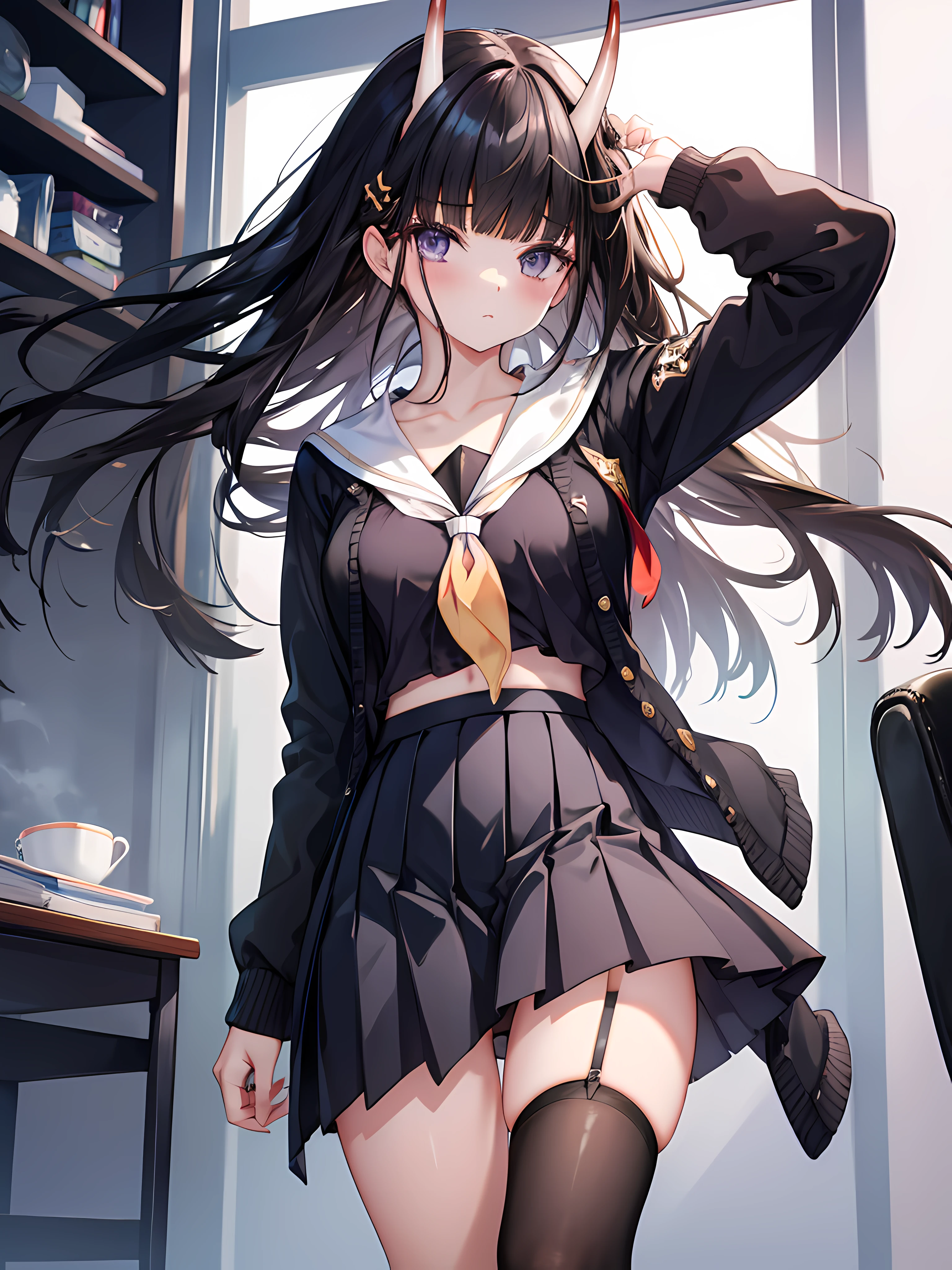 masterpiece, best quality, 1girl, solo, long hair, looking at viewer, skirt, black hair, school uniform, purple eyes, pantyhose, pleated skirt, horns, serafuku, cardigan, oni horns, open cardigan, black panty, floral lace undies, cameltoe, show panties, standing sexily, open legs, spread legs, miniskirt, lift skirt with both hands