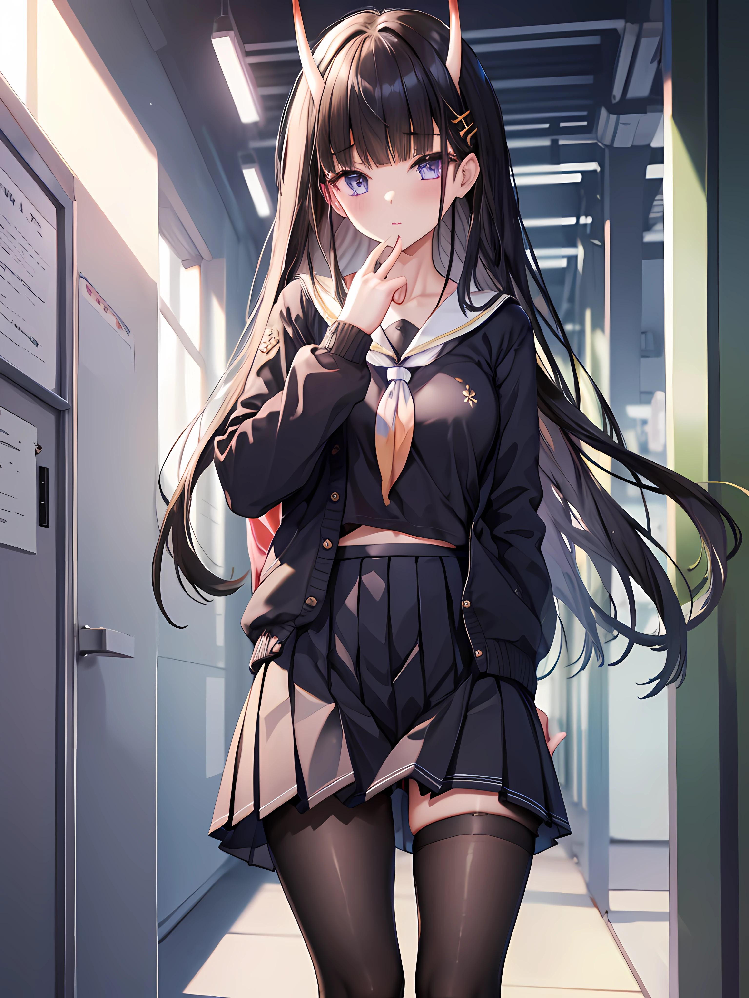 masterpiece, best quality, 1girl, solo, long hair, looking at viewer, skirt, black hair, school uniform, purple eyes, pantyhose, pleated skirt, horns, serafuku, cardigan, oni horns, open cardigan, black panty, floral lace undies, cameltoe, show panties, standing sexily, open legs, spread legs, miniskirt, lift skirt with both hands