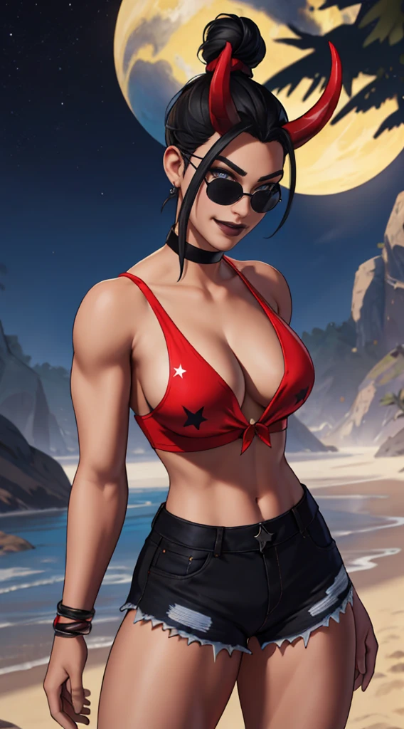 1 Mulher sozinha, 1girl, xyzsurfwitch, (xyzhaze:0.5), black hair, hair up, hair bun, horns, mascara, black lips, makeup, closed mouth, solo focus, sunglasses, short shorts, red tank top, star_/(pattern/),
smiling,looking at viewer, Blusa vermelha surf witch , summer denim shorts, cabelo preto, rabo de cavalo,  blusa vermelha, chifres vermelhos, maquiagem, black lipstick Blush bracelet inside Big breasts Long hair Looking at each other Looking at the viewer Night sky in the starry sky (heaven)
suar coxas grossas Coxas. sozinha